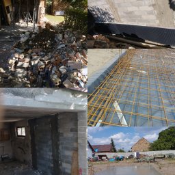 Mateusz Kokowalski - Mozaika zdjęć z budowy: fundamenty zbrojone, murowane ściany z betonu komórkowego, gruz ceglany, prace ziemne i świeżo wylana płyta fundamentowa na posesji.