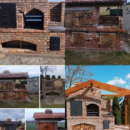 Mateusz Kokowalski - Zestawienie zdjęć murowanego grilla z cegły klinkierowej z różnymi detalami wykończenia, prezentujące etapy budowy i gotowe konstrukcje w otoczeniu ogrodu.