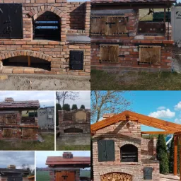 Zestawienie zdjęć murowanego grilla z cegły klinkierowej z różnymi detalami wykończenia, prezentujące etapy budowy i gotowe konstrukcje w otoczeniu ogrodu.