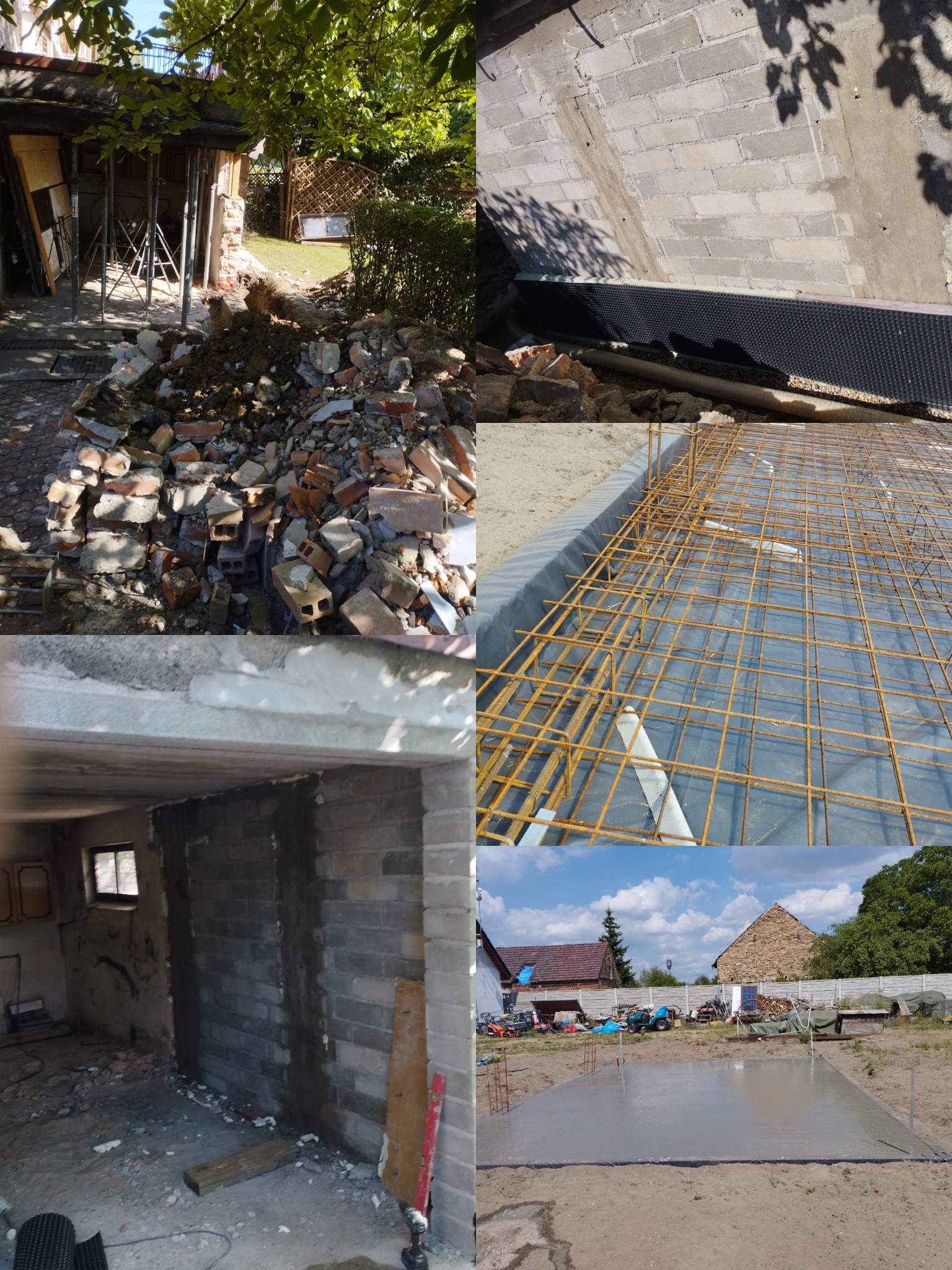 Mozaika zdjęć z budowy: fundamenty zbrojone, murowane ściany z betonu komórkowego, gruz ceglany, prace ziemne i świeżo wylana płyta fundamentowa na posesji.