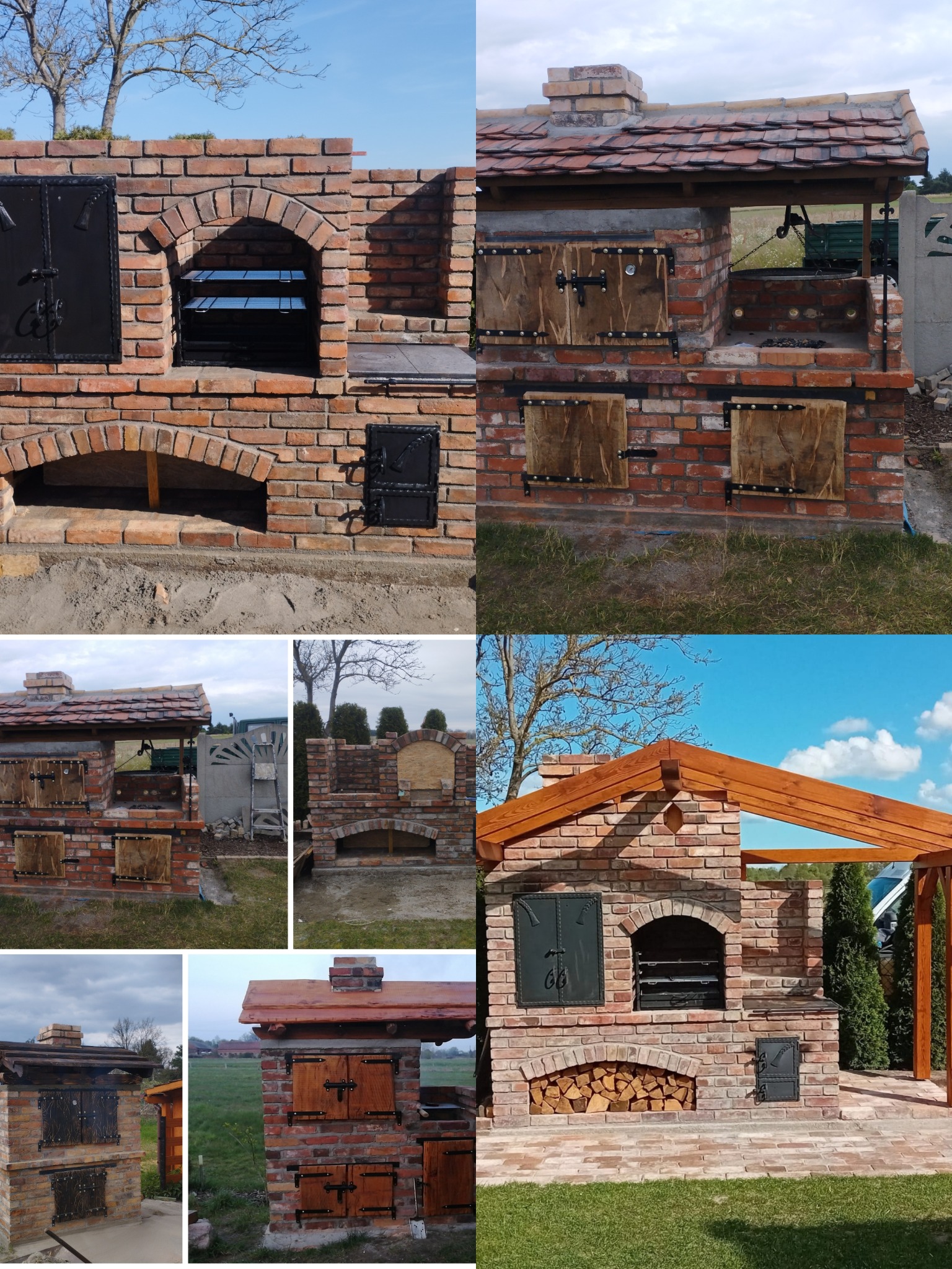 Zestawienie zdjęć murowanego grilla z cegły klinkierowej z różnymi detalami wykończenia, prezentujące etapy budowy i gotowe konstrukcje w otoczeniu ogrodu.