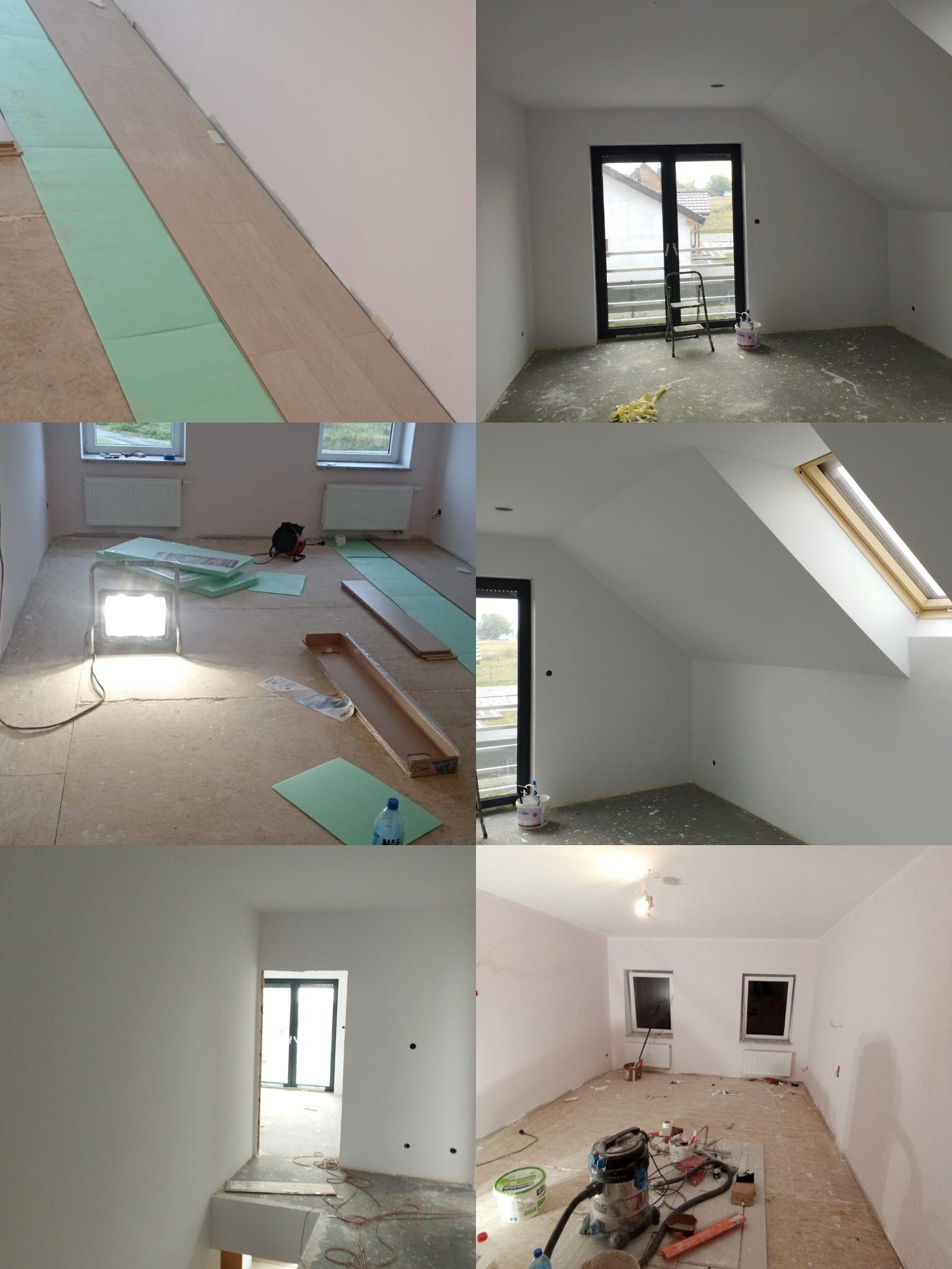 Wnętrze w trakcie remontu: fragmenty podłogi z panelami i izolacją, świeżo pomalowane ściany, okna. Widoczne narzędzia i materiały budowlane.