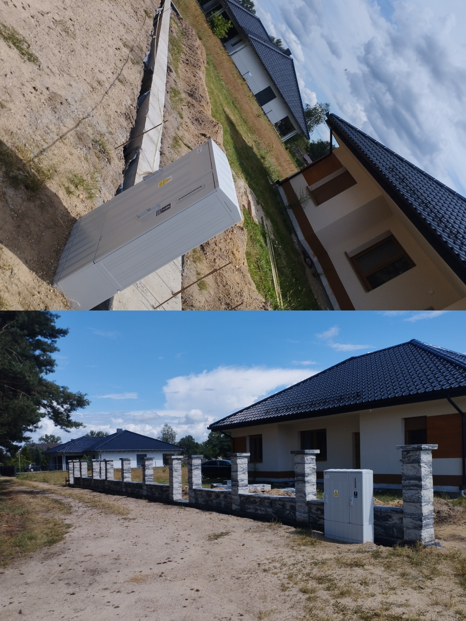 Montaż skrzynki elektrycznej w ogrodzeniu z kamienia łupanego. Widoczne elementy instalacji w wykopie i nowo wybudowane domy w tle.