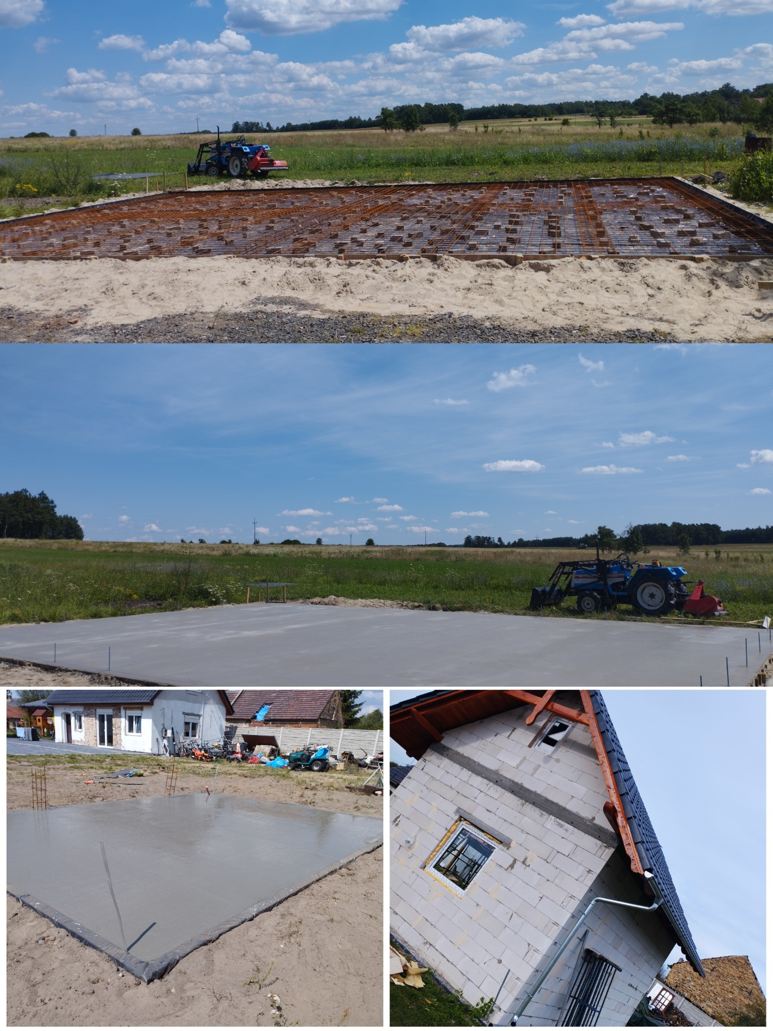 Fundamenty domu w różnych etapach: zbrojenie, wylewka i ściany z pustaków. Na tle pola i nieba, z widocznym traktorem.