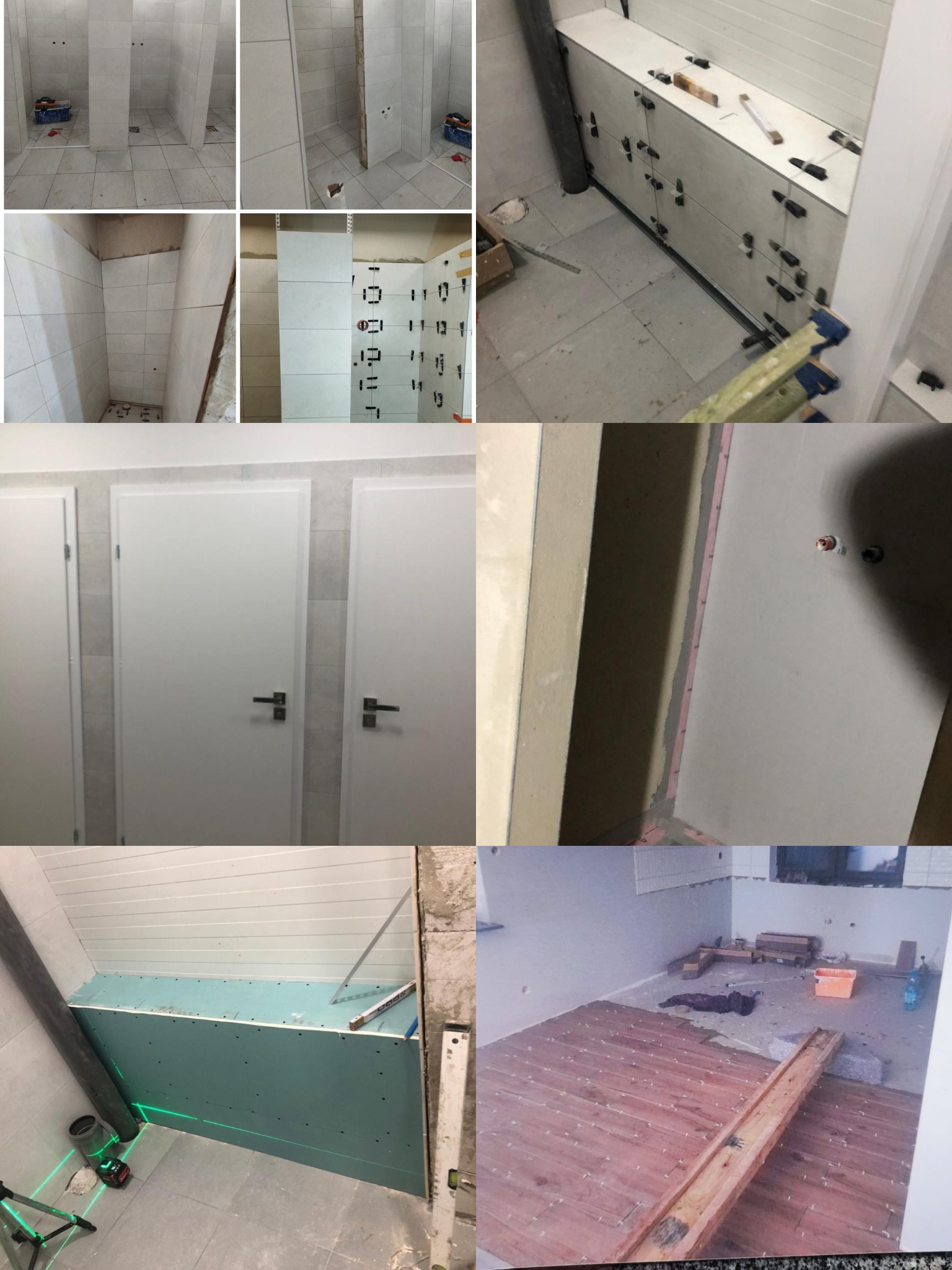 Etapy prac w łazience: układanie płytek ściennych z krzyżykami dystansowymi, montaż płyt G-K, instalacja podłogowa. Widoczne narzędzia i postęp prac.