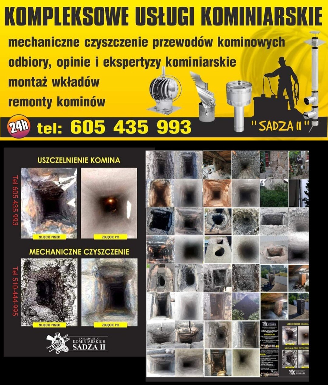 Kompleksowa reklama usług kominiarskich firmy Sadza II, prezentująca czyszczenie i uszczelnianie kominów, z przykładami 'przed' i 'po' oraz danymi kontaktowymi.