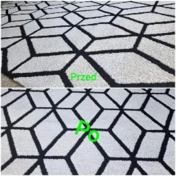 Dywan w geometryczne wzory czyszczony: porównanie stanu przed i po praniu, widoczna poprawa wyglądu i czystości włókien.