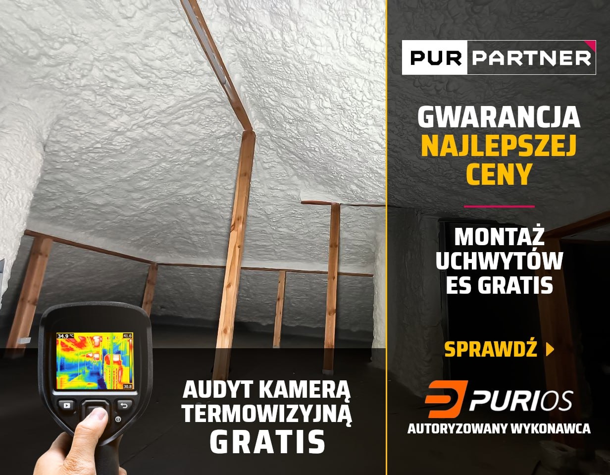 Poddasze po aplikacji pianki PUR, widoczne krokwie. Termowizja w dłoni, oferta audytu gratis. Reklama PUR Partner i Purios na grafice.