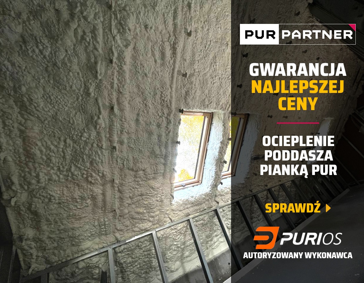 Poddasze po ociepleniu pianką PUR, widoczne okna dachowe i metalowa konstrukcja. Reklama firmy PUR Partner i Purios.