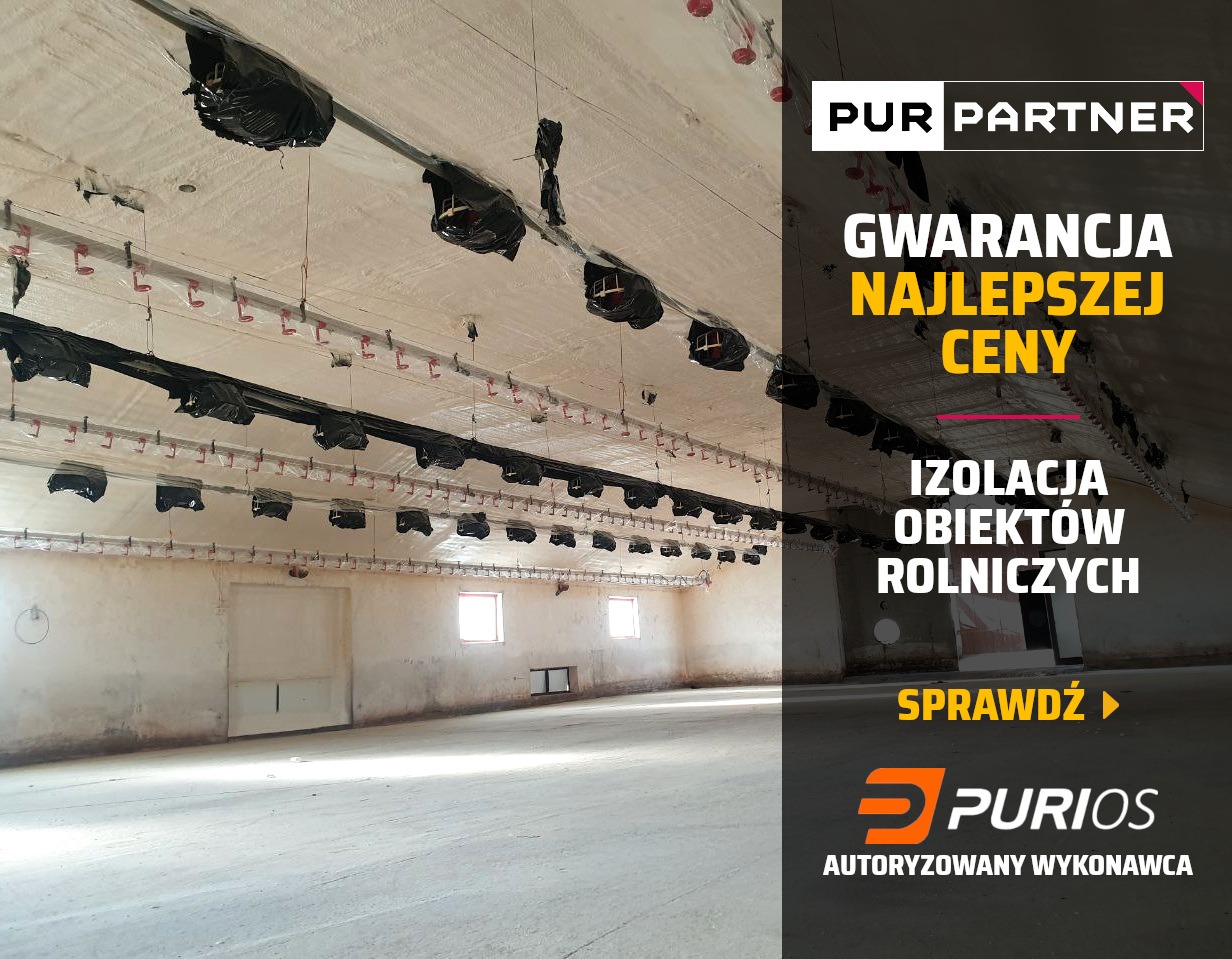 Biała izolacja pianką PUR na suficie i ścianach wewnątrz budynku gospodarczego z oknami. Widoczne elementy konstrukcyjne i instalacje pod sufitem.