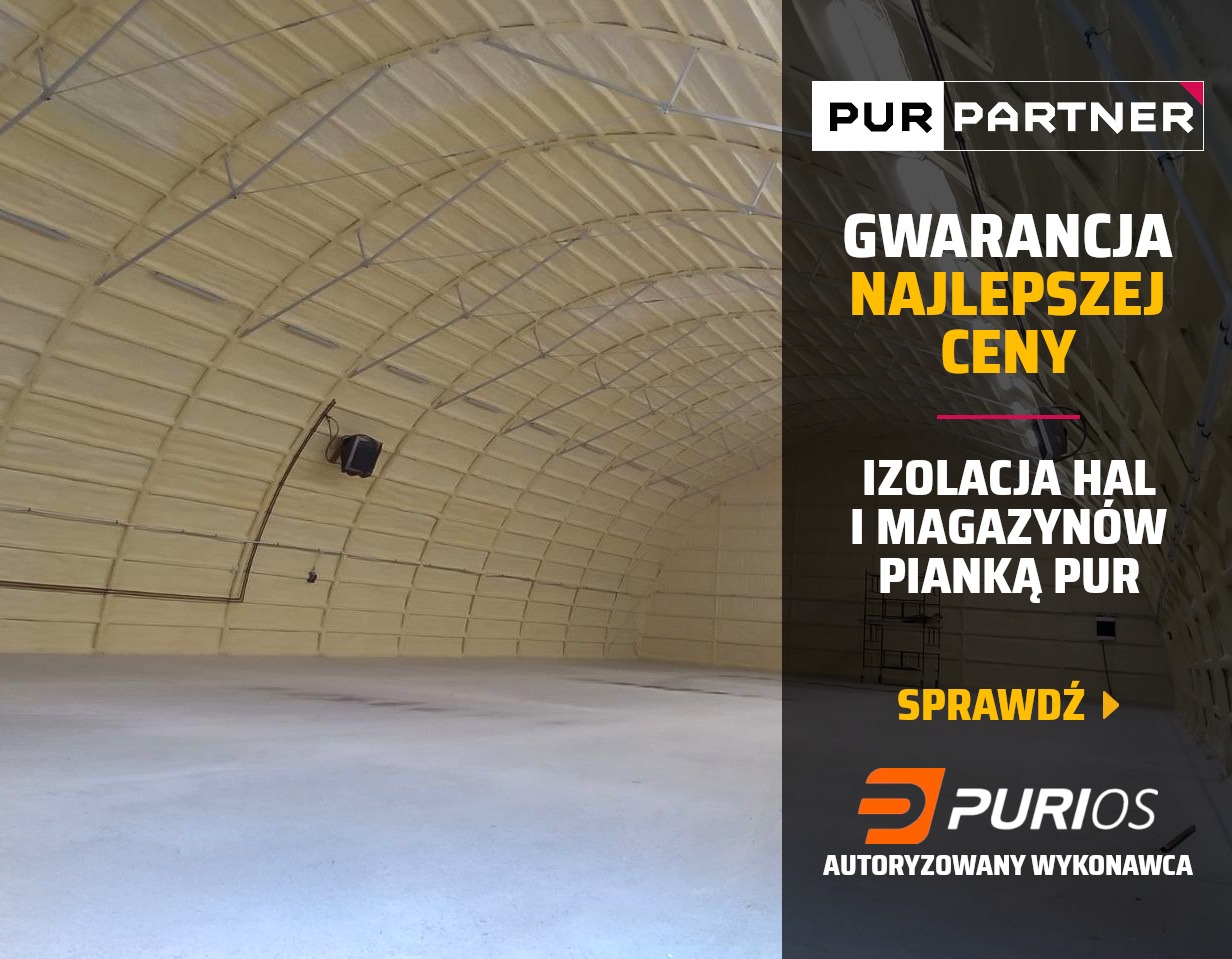 Wnętrze hali magazynowej po izolacji pianką PUR, widoczne łukowate ściany i sufit pokryte jednolitą warstwą izolacji. Reklama firmy z gwarancją najlepszej ceny.