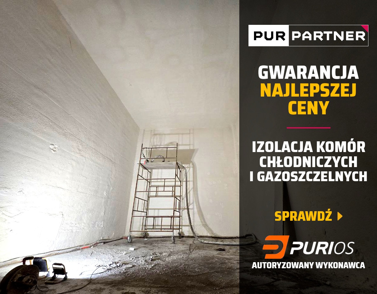 Izolacja pianką PUR na ścianach komory chłodniczej, widoczne rusztowanie i sprzęt. Gwarancja najlepszej ceny i gazoszczelności. Autoryzowany wykonawca Purios.