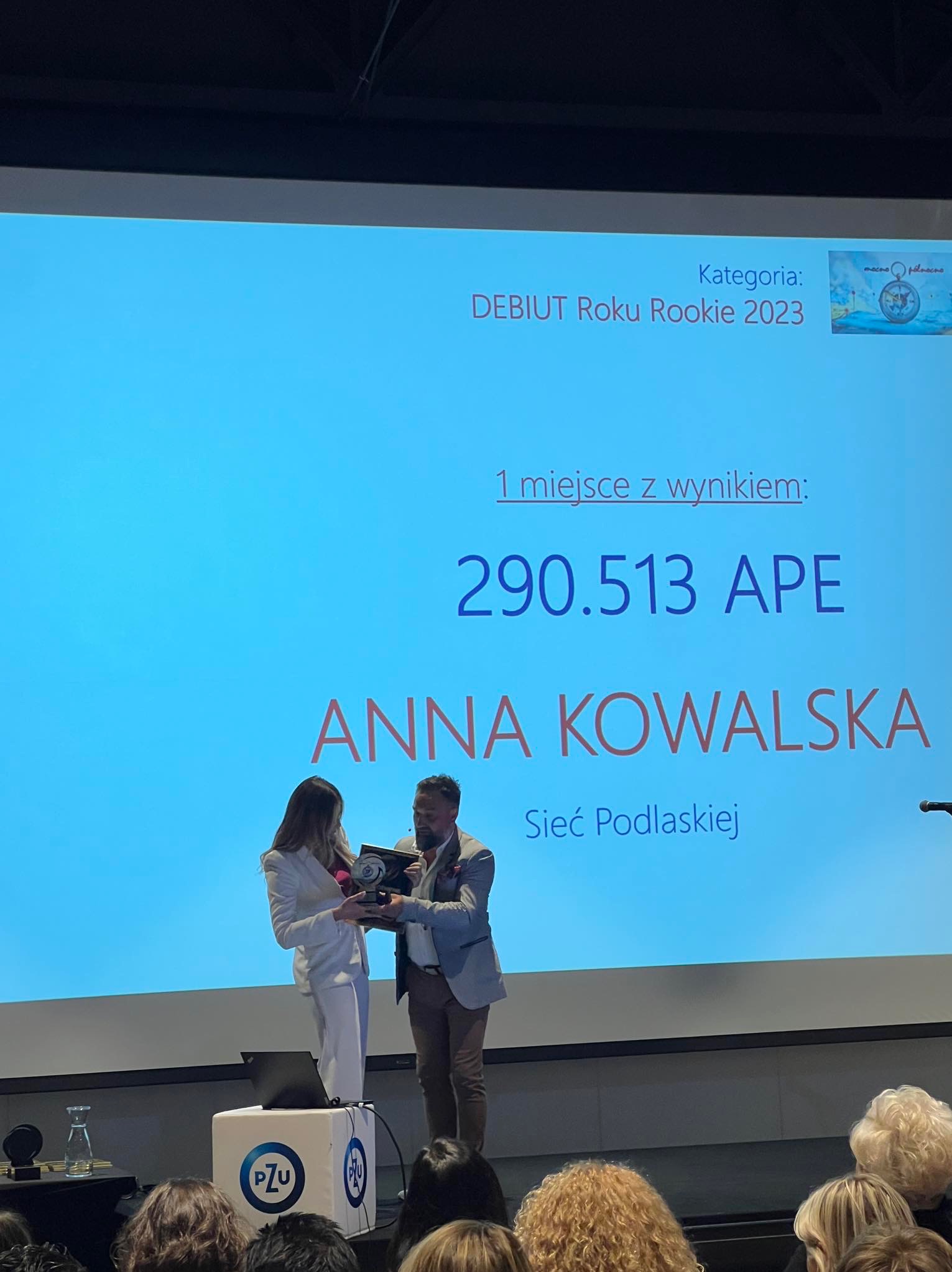 Wręczenie nagrody Annie Kowalskiej za zajęcie 1 miejsca w kategorii Debiut Roku Rookie 2023, Sieć Podlaska, podczas gali w Ciechanowie. Na scenie kobieta w białym garniturze odbiera statuetkę...