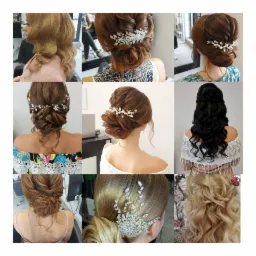 Kolaż dziewięciu zdjęć przedstawiających różne upięcia włosów z tyłu głowy, niektóre z ozdobami, wykonane w salonie.