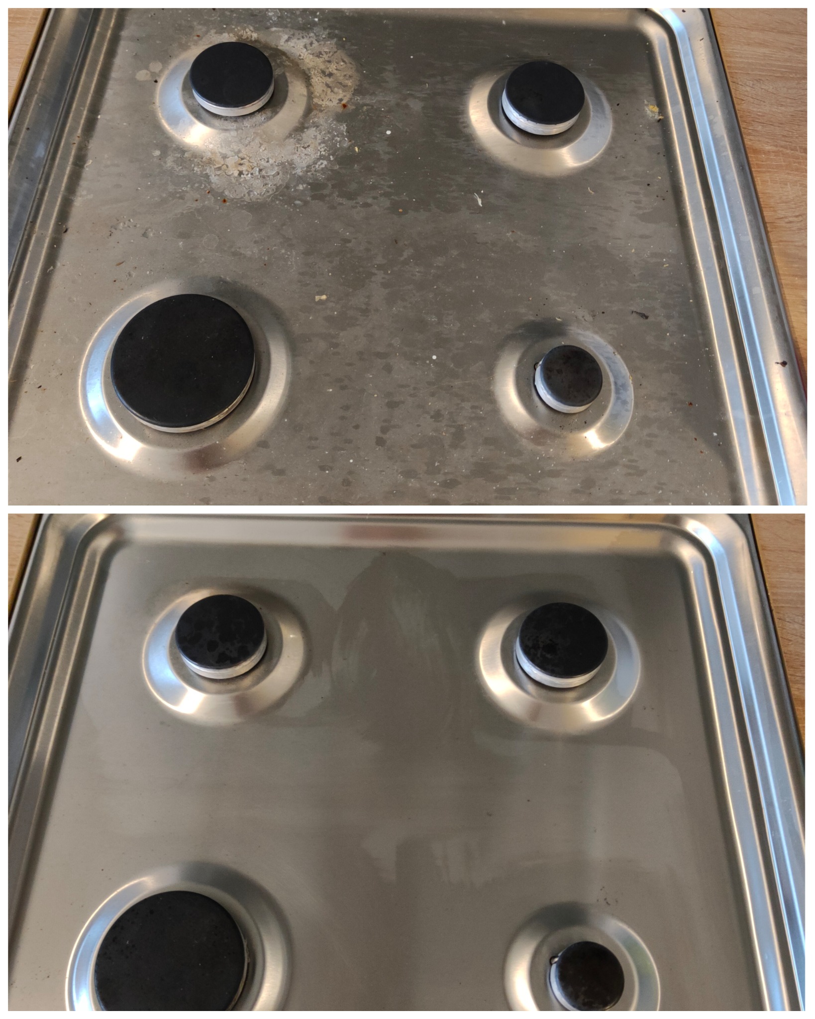 Porównanie stanu płyty kuchennej przed i po czyszczeniu, widoczne zabrudzenia wokół palników na górnym zdjęciu i czysta powierzchnia na dolnym zdjęciu.