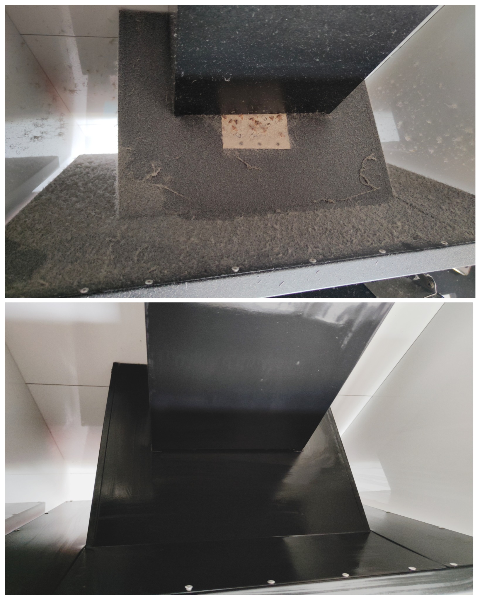 Zestawienie dwóch ujęć: górne przedstawia mocno zakurzony fragment instalacji przemysłowej z widoczną przyklejoną kartką z zabrudzeniami, dolne ukazuje czysty, błyszczący fragment tej samej...