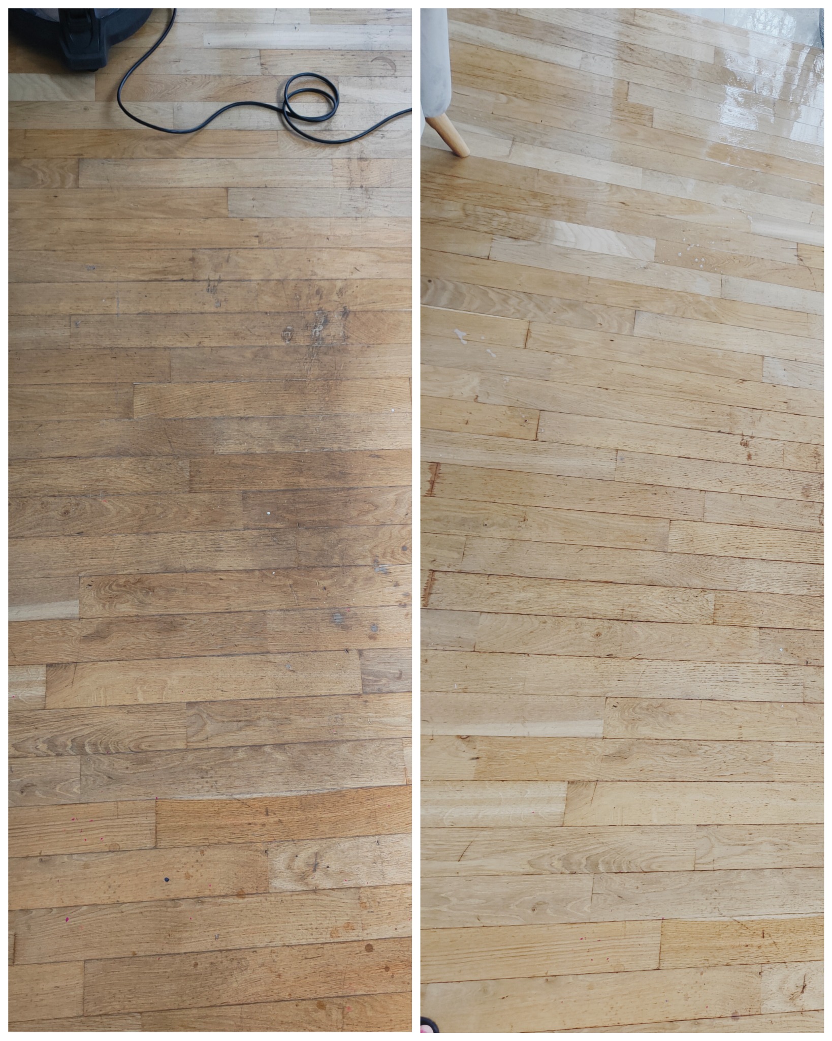 Porównanie: drewniana podłoga przed i po czyszczeniu, widoczne różnice w kolorze i usunięte zabrudzenia, kabel od odkurzacza w lewym górnym rogu.