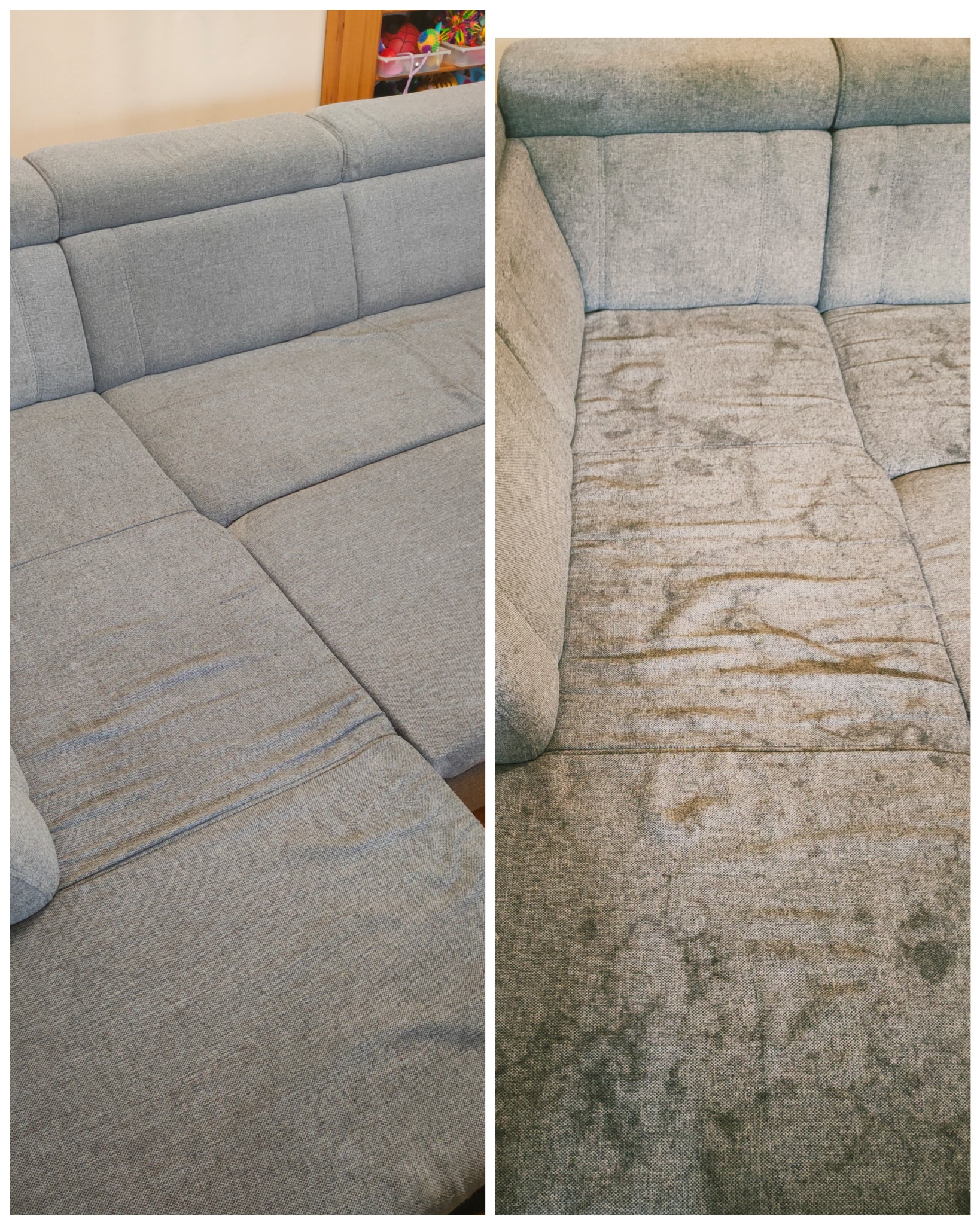 Porównanie: Szary narożnik tapicerowany, lewa strona po czyszczeniu, prawa strona silnie zabrudzona z widocznymi plamami i zaciekami.