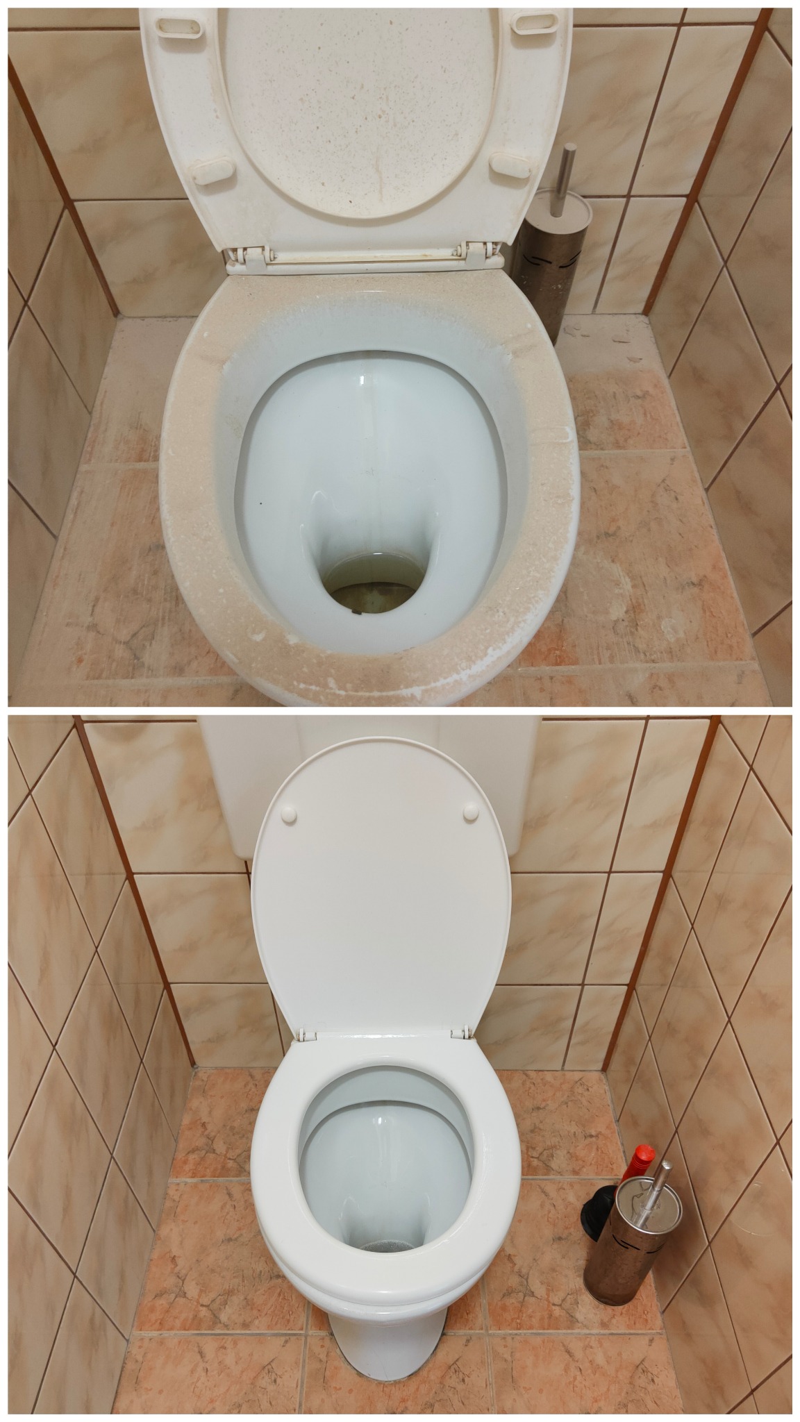 Zdjęcie typu 'przed i po' przedstawia białą toaletę z otwartą klapą, z widocznymi osadami i zabrudzeniami na górnym zdjęciu oraz czystą i odświeżoną na dolnym zdjęciu, z brązową szczotką do WC w rogu.