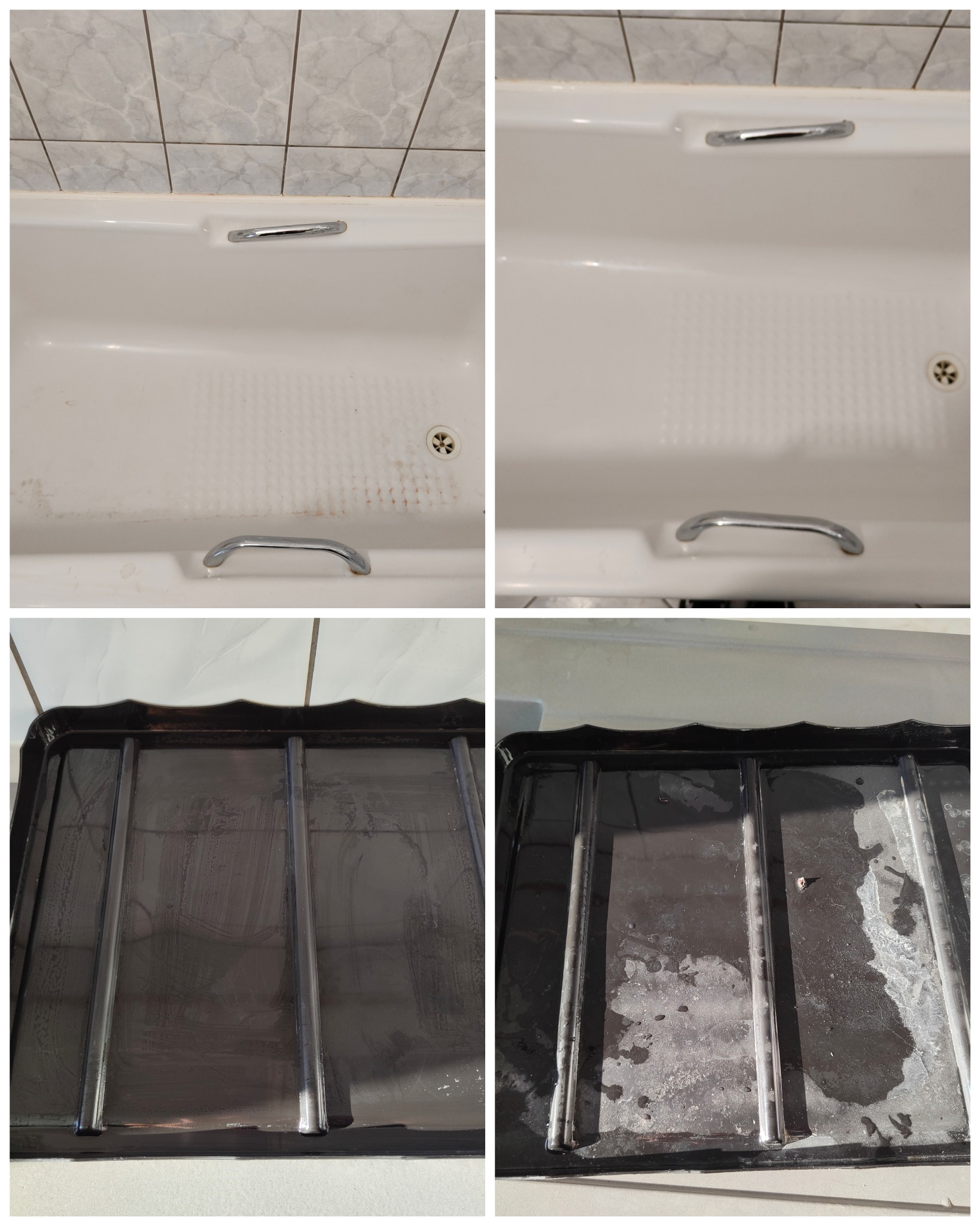 Kafelkowana łazienka, kolaż przedstawiający wannę przed i po czyszczeniu, z widocznymi zabrudzeniami oraz czystą powierzchnią, a także czyszczoną kratkę odpływową przed i po zabiegu.