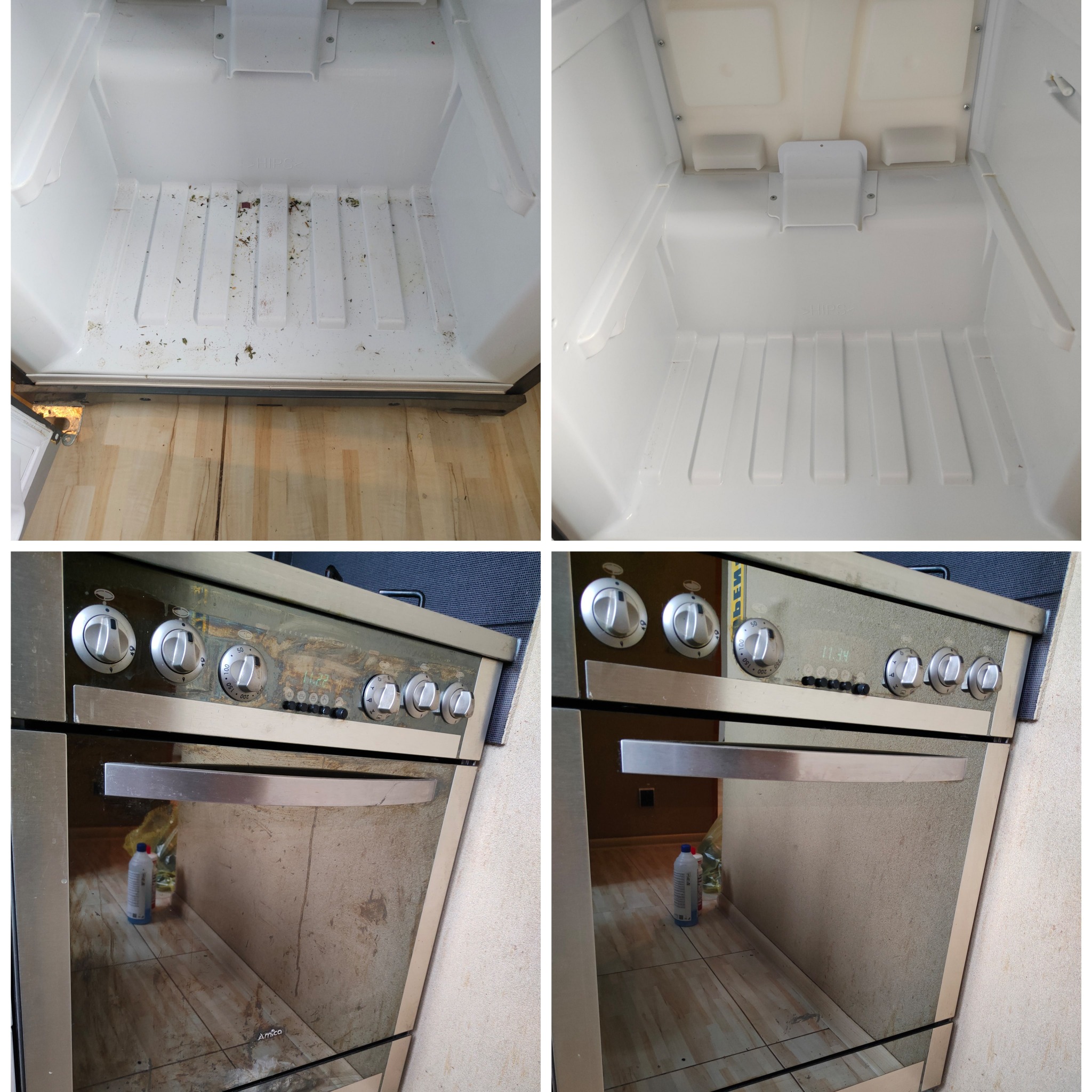 Kolaż zdjęć przedstawiający wnętrze brudnej lodówki przed i po czyszczeniu oraz brudny piekarnik Amica przed i po czyszczeniu, z widocznymi pokrętłami i wyświetlaczem.