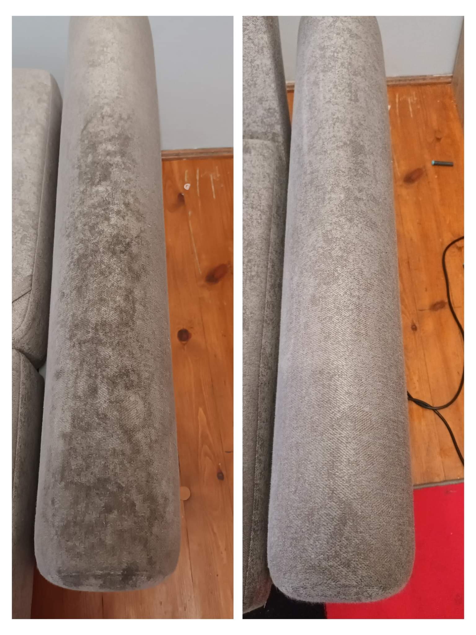 Porównanie fragmentu tapicerki kanapy przed i po czyszczeniu, widoczne różnice w odcieniu i usunięcie zabrudzeń na szarym materiale.