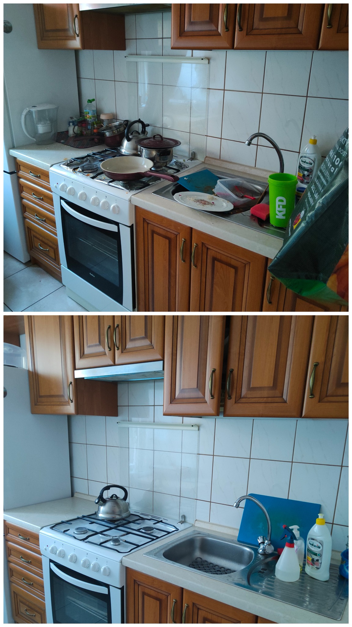 Ujęcie kuchni przed sprzątaniem: zabrudzona kuchenka z patelnią, zlew pełen naczyń, środki czystości obok, drewniane szafki.