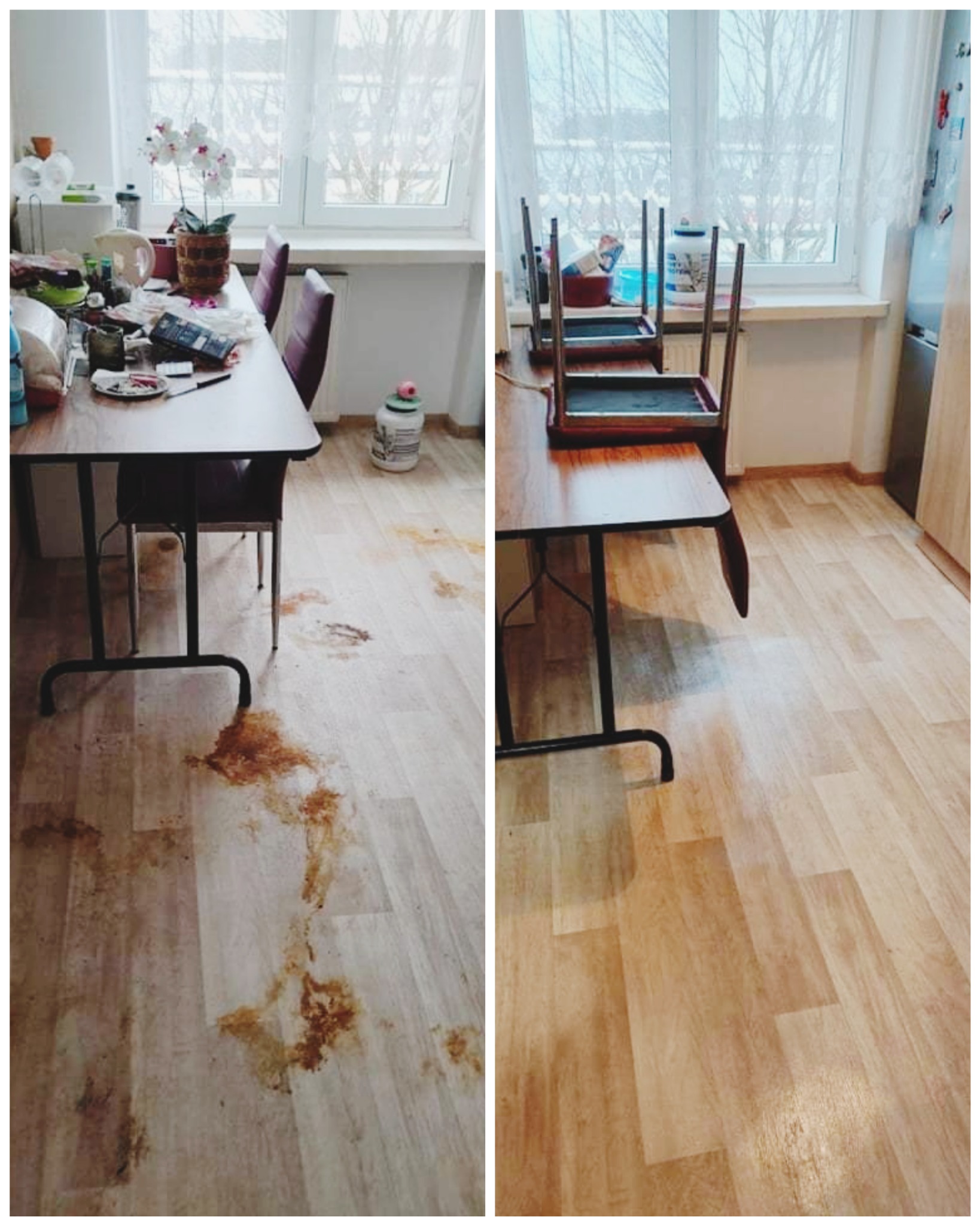 Porównanie podłogi przed i po czyszczeniu, widoczne plamy i zabrudzenia usunięte, stół i krzesła odsunięte na bok, jasne panele podłogowe.