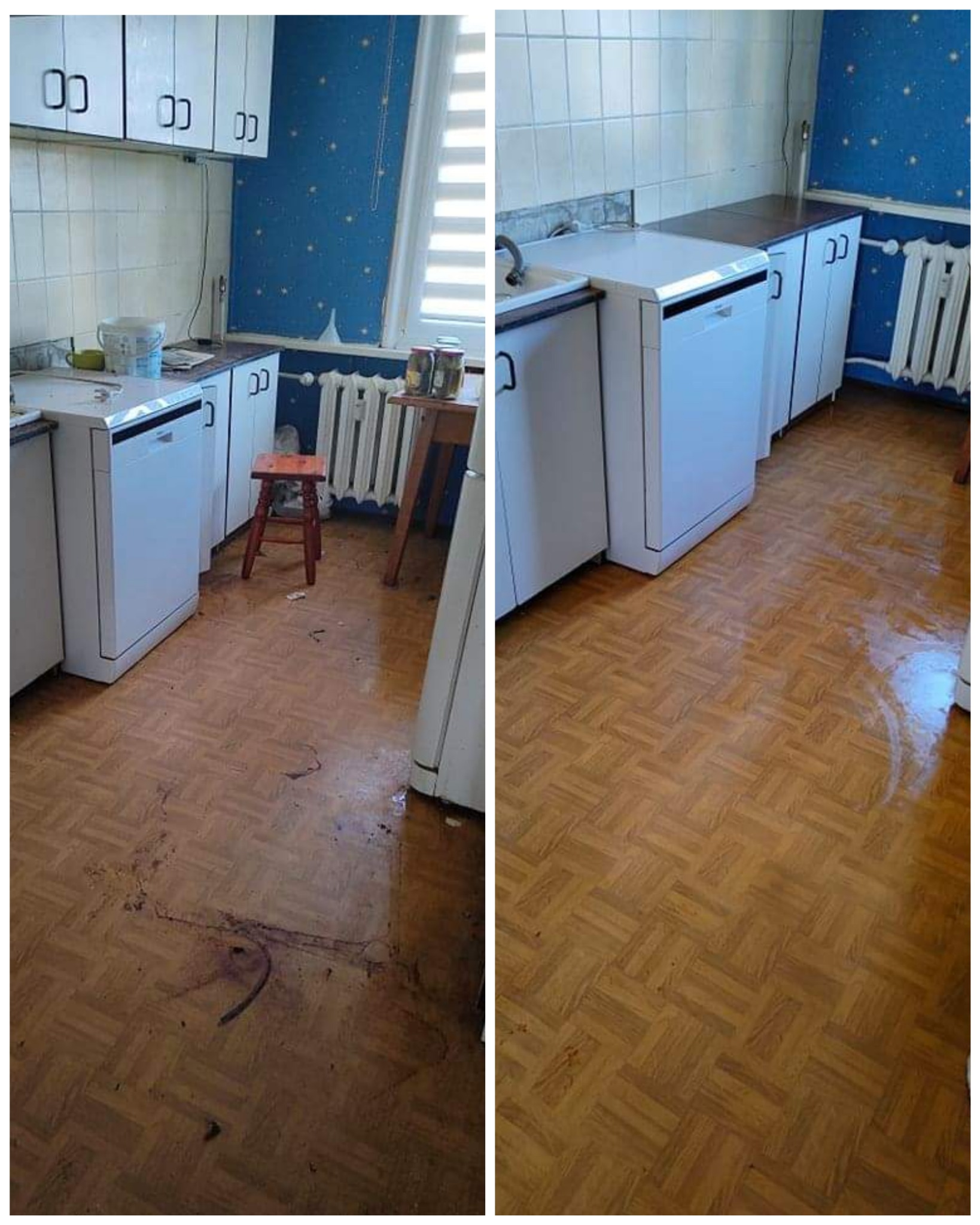 Porównanie podłogi parkietowej w kuchni przed i po czyszczeniu, widoczne zabrudzenia i odświeżony wygląd drewna.