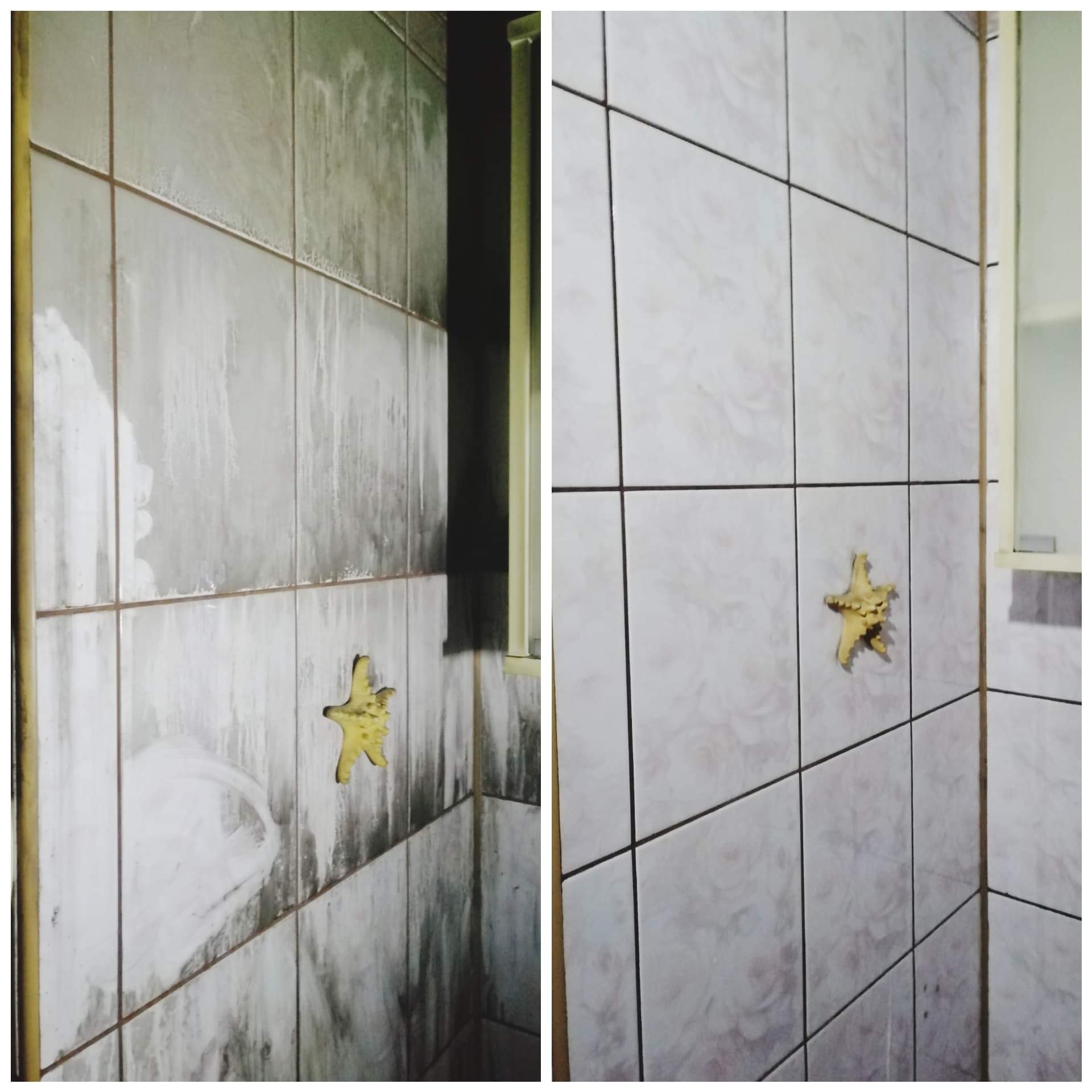 Porównanie stanu płytek ściennych w łazience przed i po czyszczeniu, widoczna naklejka w kształcie rozgwiazdy.
