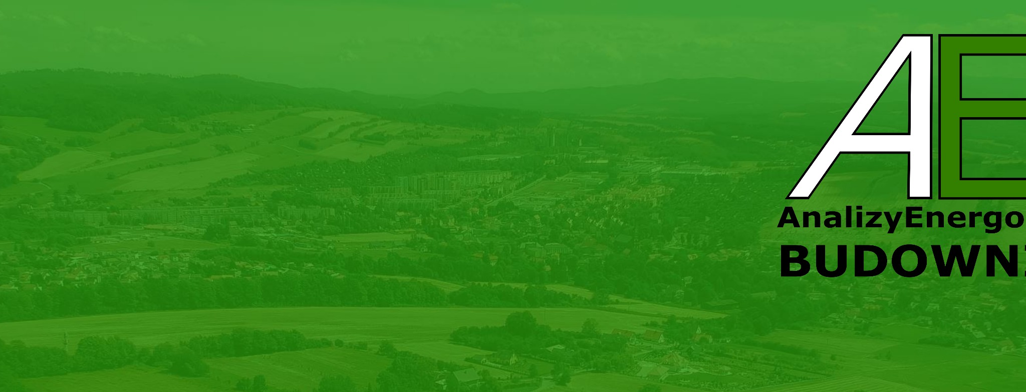Logo firmy AnalizyEnergo Budownictwo na tle panoramy miasta i wzgórz