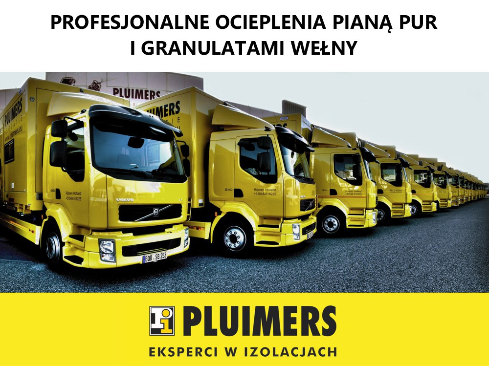 Flota żółtych samochodów dostawczych firmy specjalizującej się w izolacjach, ustawionych w rzędzie, z widocznym logo i hasłem 'Eksperci w izolacjach'.