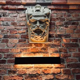 Dekoracyjna płaskorzeźba głowy brodatego mężczyzny z ornamentami, zamontowana na ścianie z czerwonej cegły, oświetlona od dołu przez podłużną lampę ścienną.