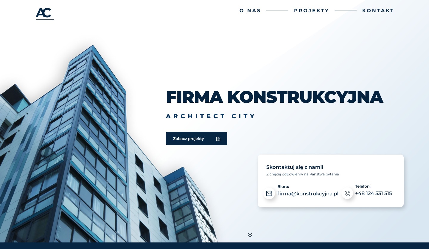 Strona internetowa firmy konstrukcyjnej Architect City z nowoczesnym budynkiem w tle, widoczne menu nawigacyjne i dane kontaktowe.