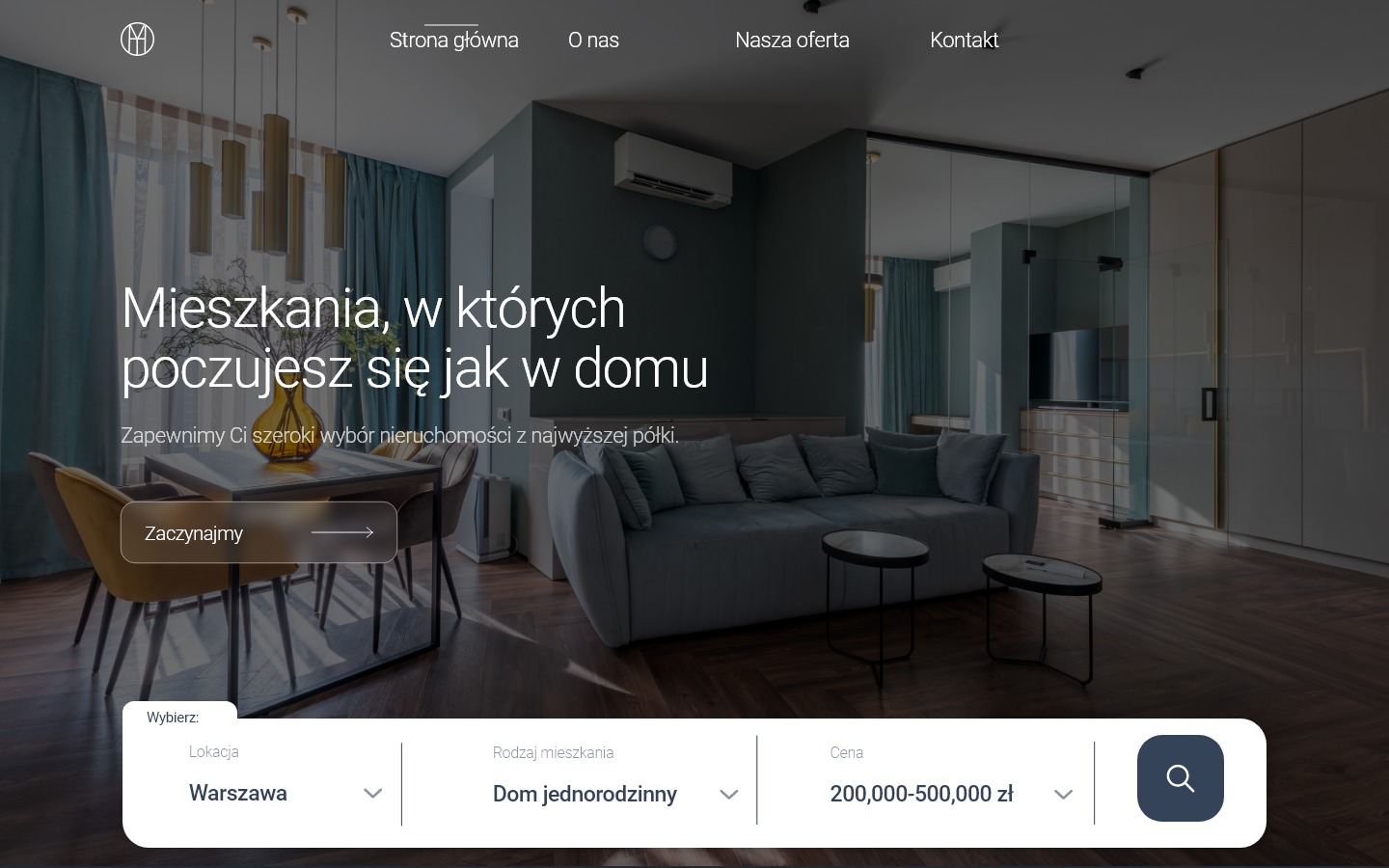 Strona internetowa agencji nieruchomości z minimalistycznym designem, prezentująca wnętrze apartamentu z szarą sofą i drewnianą podłogą, z menu nawigacyjnym u góry i filtrami wyszukiwania na dole.