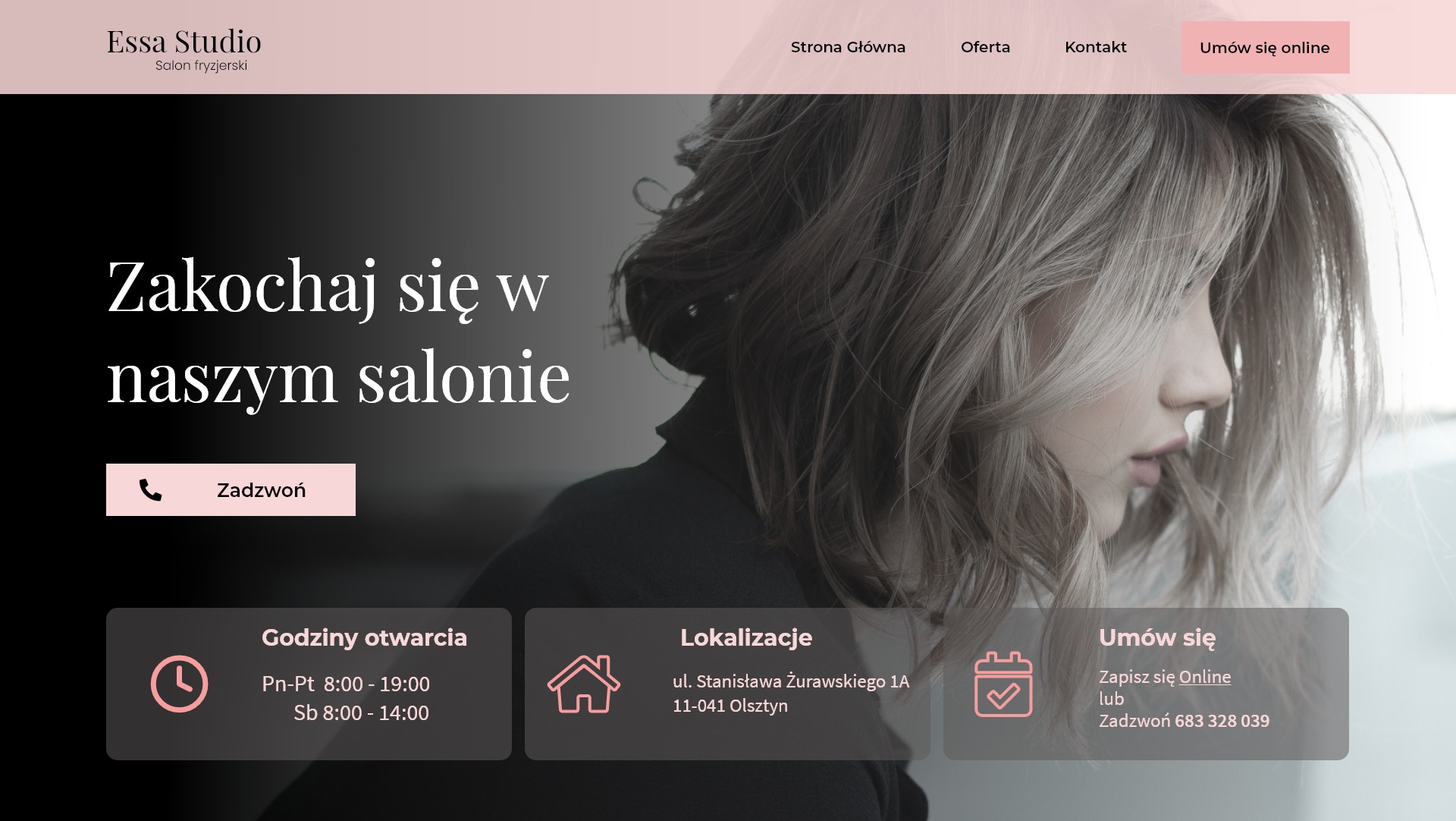Zdjęcie profilowe kobiety z blond włosami w salonie fryzjerskim Essa Studio, z informacjami o godzinach otwarcia i lokalizacji w Olsztynie, zachęcające do zapisania się online lub telefonicznie.