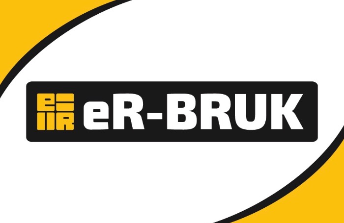 Logo firmy eR-BRUK z żółto-czarnym symbolem graficznym i nazwą na czarnym tle, otoczone abstrakcyjnymi żółtymi elementami na białym tle.