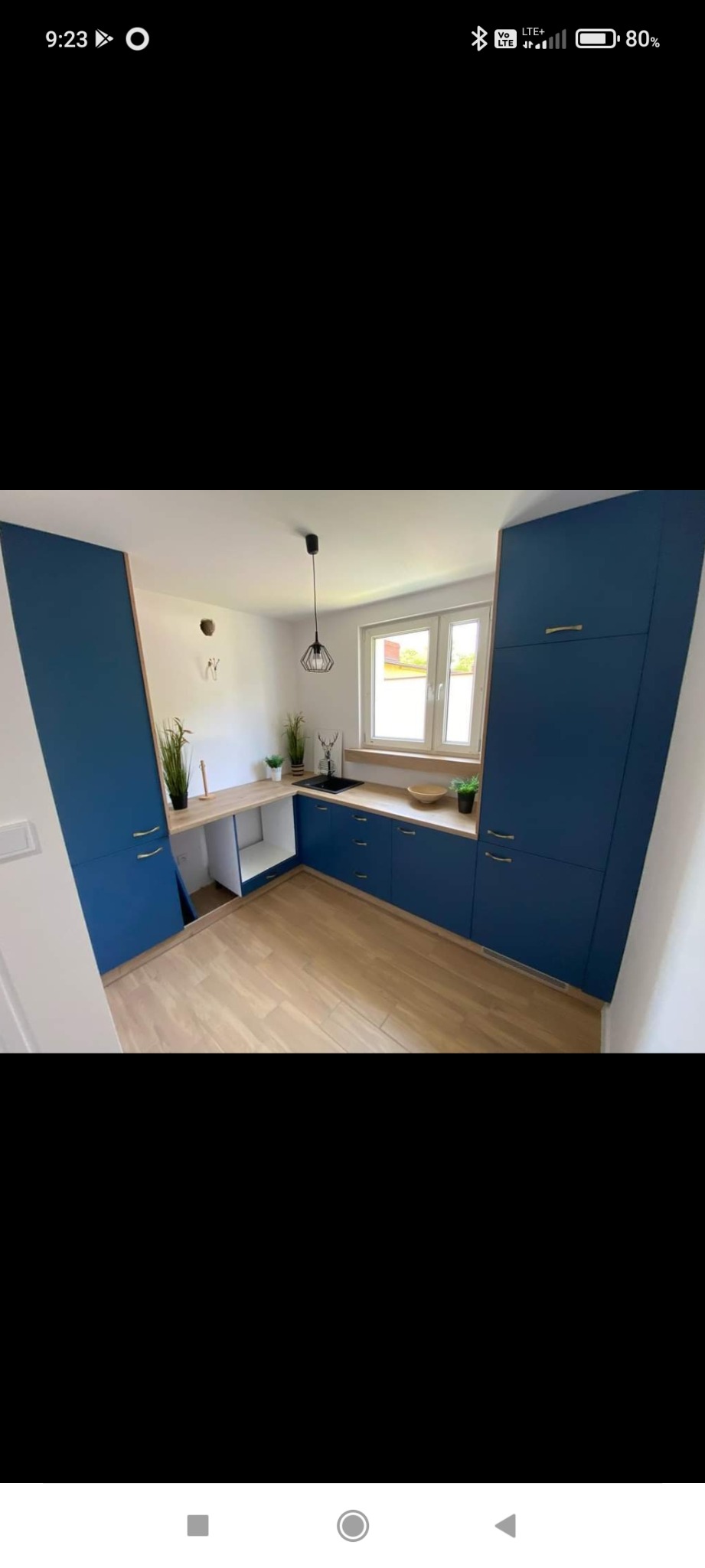 Niebieska zabudowa kuchenna z drewnianym blatem, minimalistyczna lampa wisząca, jasna podłoga z paneli, dekoracje roślinne i jelenie rogi na ścianie.