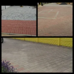 Mozaika z trzech ujęć: szara kostka brukowa z czerwonym pasem, czerwona kostka brukowa z wzorem kwadratu, szara kostka brukowa przy żółtym płocie i fioletowych kwiatach.