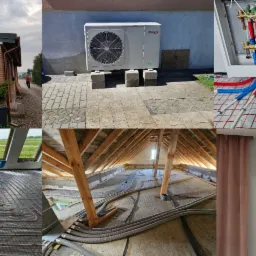 Mozaika zdjęć: instalacja klimatyzacji zewnętrznej na ceglanej ścianie, jednostka zewnętrzna pompy ciepła na betonowych blokach, rozdzielacz ogrzewania podłogowego z rurami, ogrzewanie podłogowe...