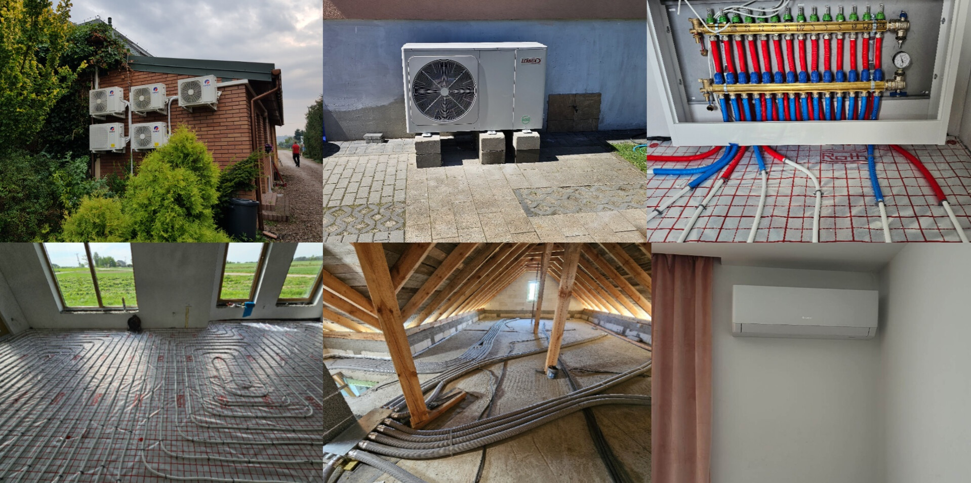 Mozaika zdjęć: instalacja klimatyzacji zewnętrznej na ceglanej ścianie, jednostka zewnętrzna pompy ciepła na betonowych blokach, rozdzielacz ogrzewania podłogowego z rurami, ogrzewanie podłogowe...