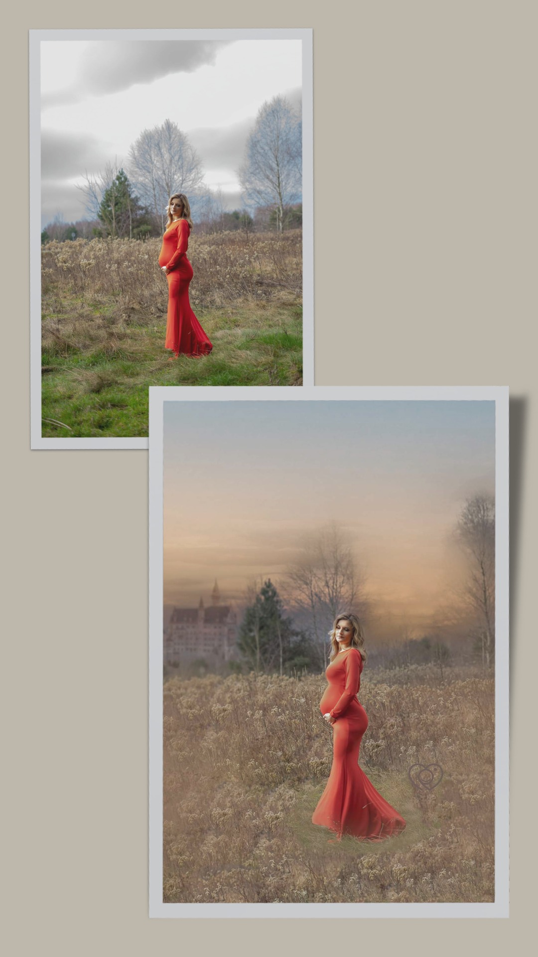 Dwa ujęcia tej samej kobiety w czerwonej sukni ciążowej na łące, jedno z szarym niebem, drugie z zamkiem w tle i efektem graficznym serca.