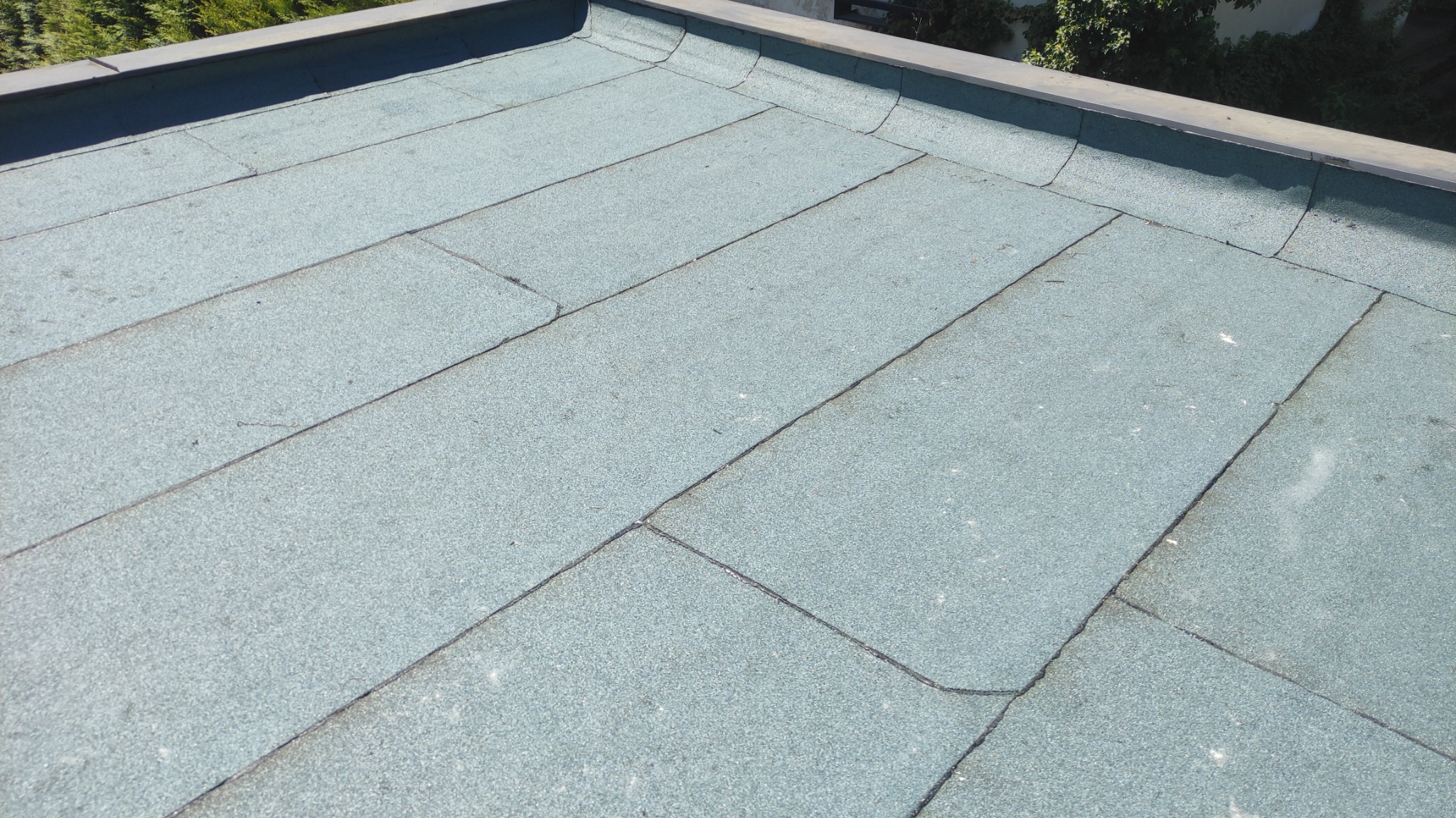 Płaski dach pokryty papą termozgrzewalną, widoczne łączenia i obróbki blacharskie przy krawędzi dachu, zieleń w tle.