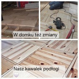 Justyna Motyka Pawelec - Montaż podłogi z paneli drewnianych w jodełkę, widoczny frezarka, poziomica, miarka i częściowo ułożona podłoga.