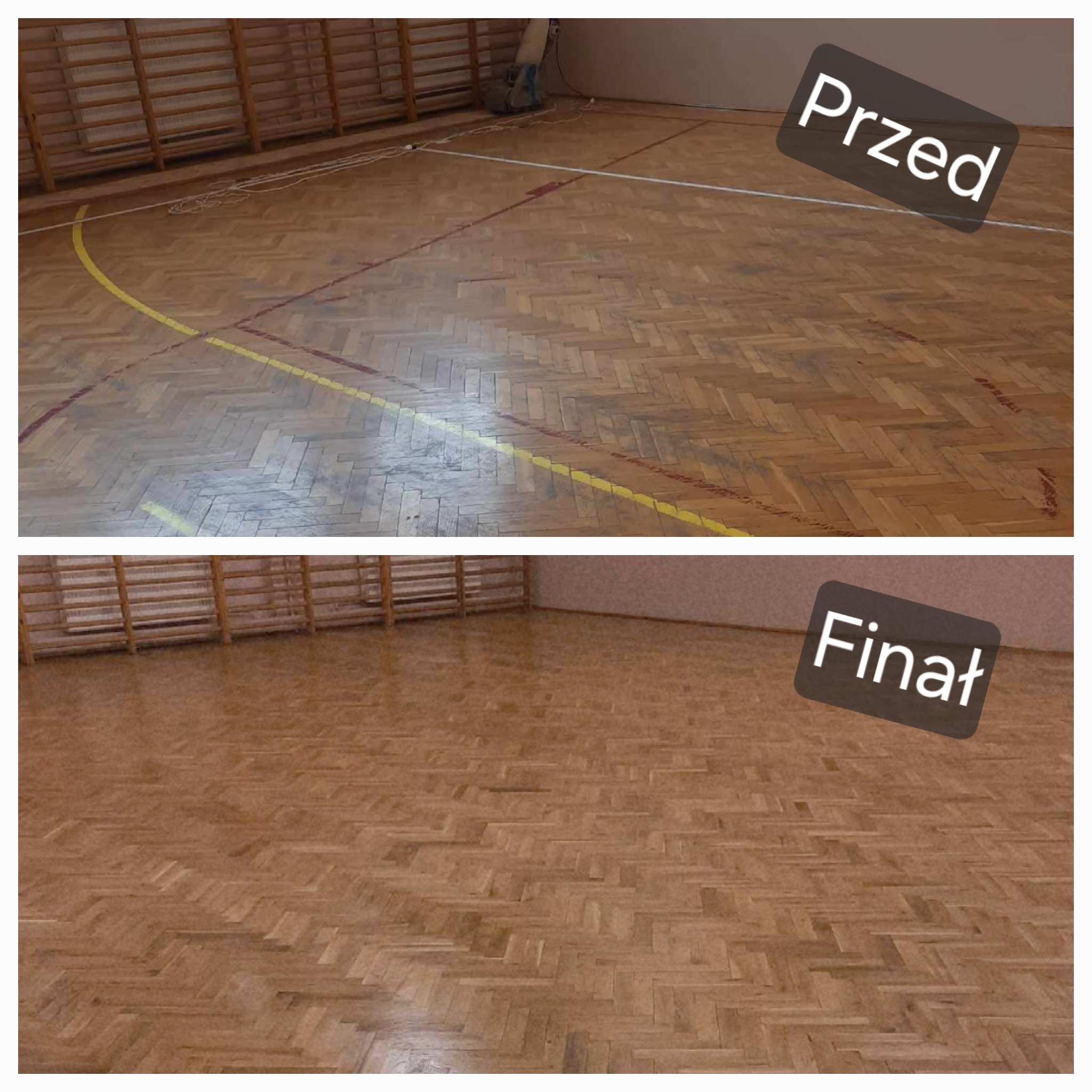 Parkiet w hali sportowej przed i po renowacji. Widoczne linie boiska, parkiet ułożony w jodełkę. Na górnym zdjęciu parkiet matowy, na dolnym błyszczący.