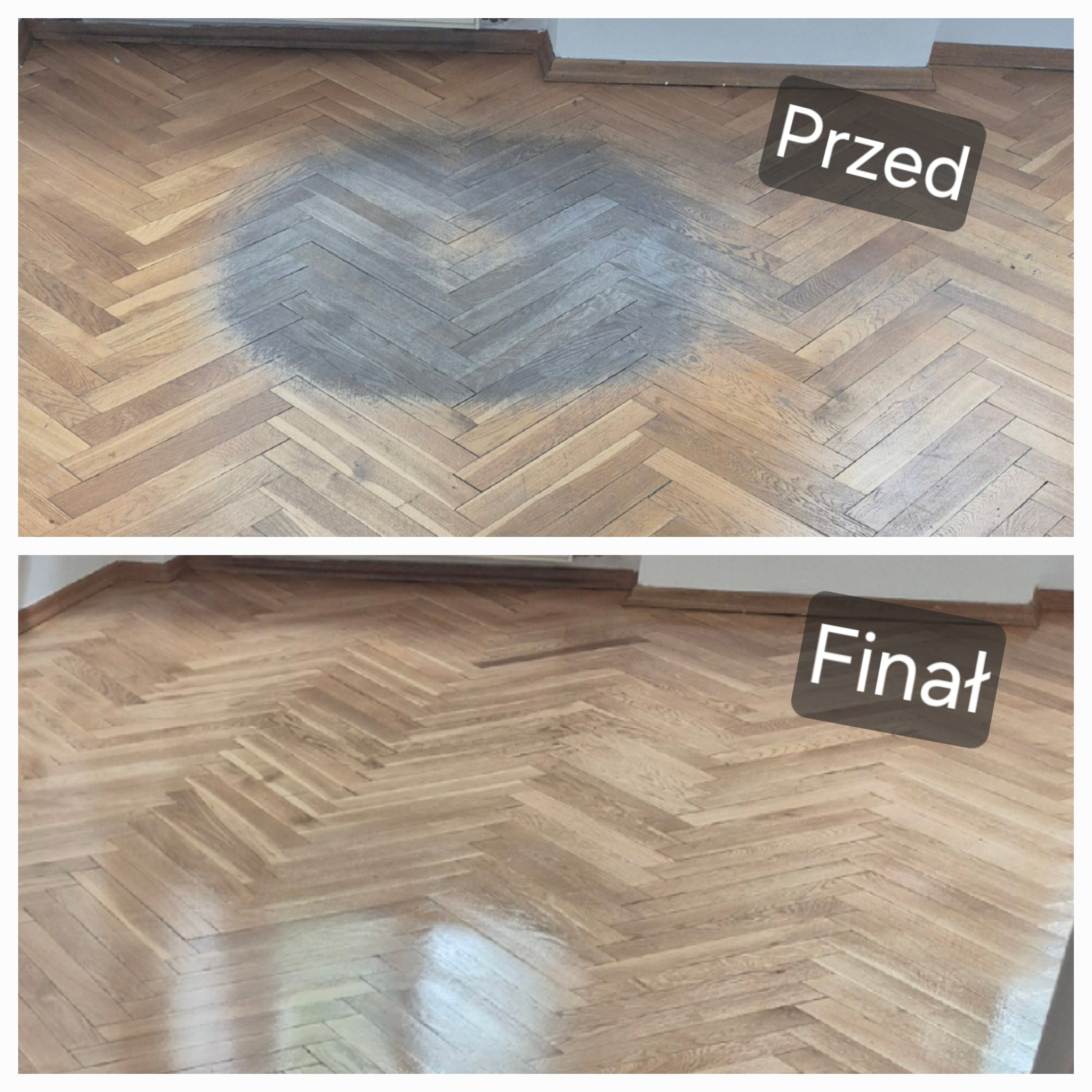 Parkiet ułożony w jodełkę: górna część 'Przed' z szarą plamą, dolna 'Finał' - odnowiony, błyszczący. Widoczne listwy przypodłogowe i jasne ściany.