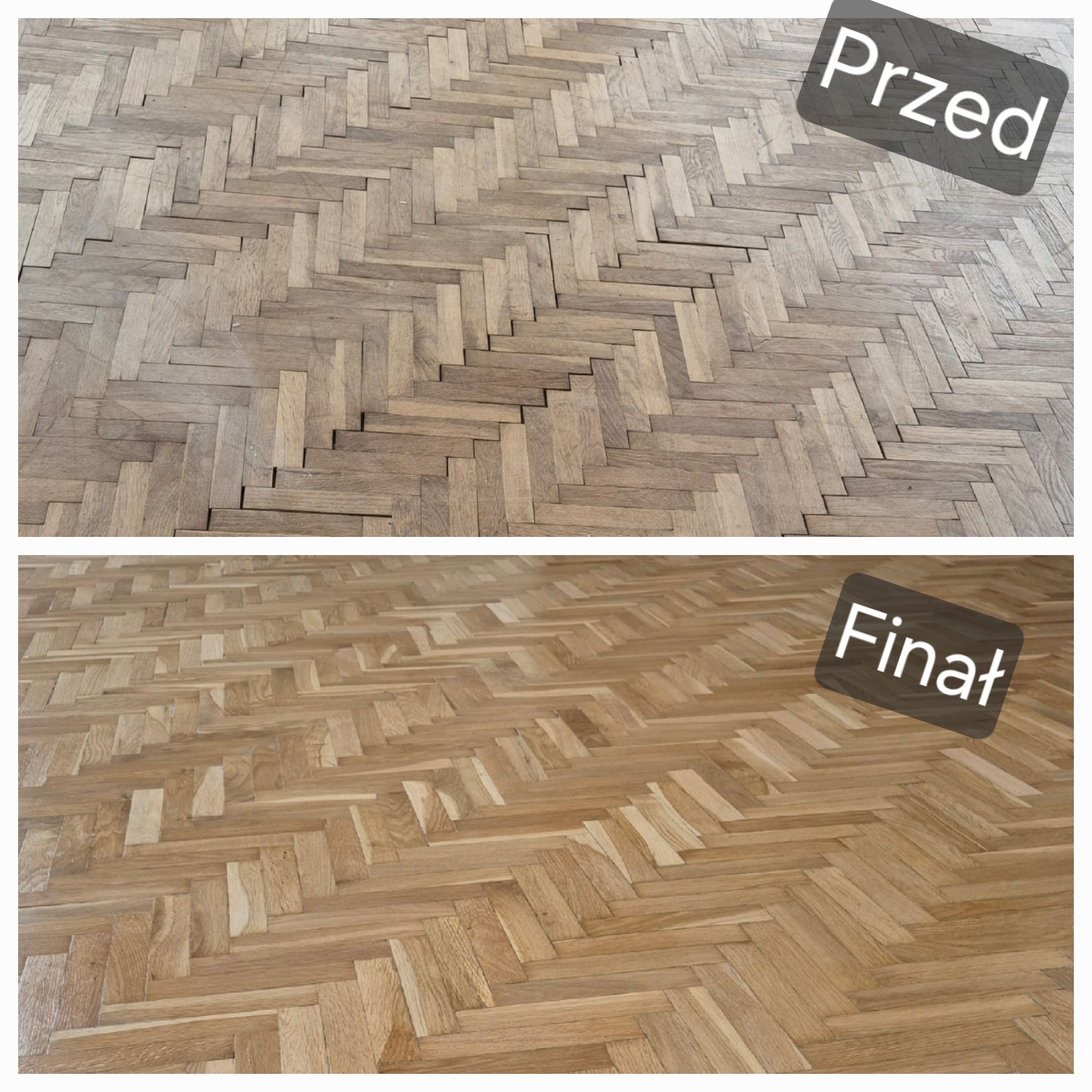 Parkiet ułożony w jodełkę: stan przed i po renowacji. Górna część zdjęcia pokazuje parkiet przed, dolna po renowacji, z napisem 'Finał'.