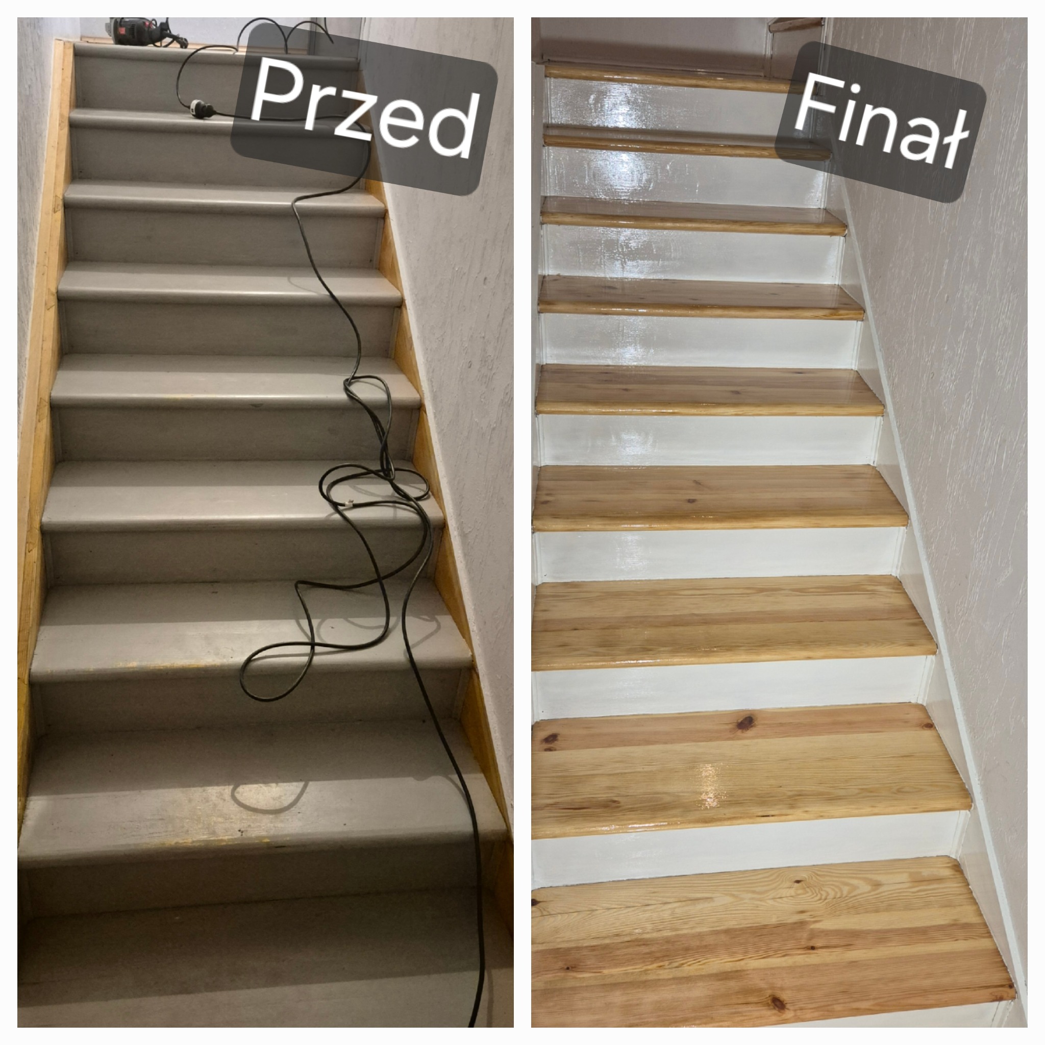 Schody drewniane: etap przed renowacją (szlifowanie, maszyna widoczna na górze) i po odnowieniu z pomalowanymi na biało podstopnicami. Widok z góry.