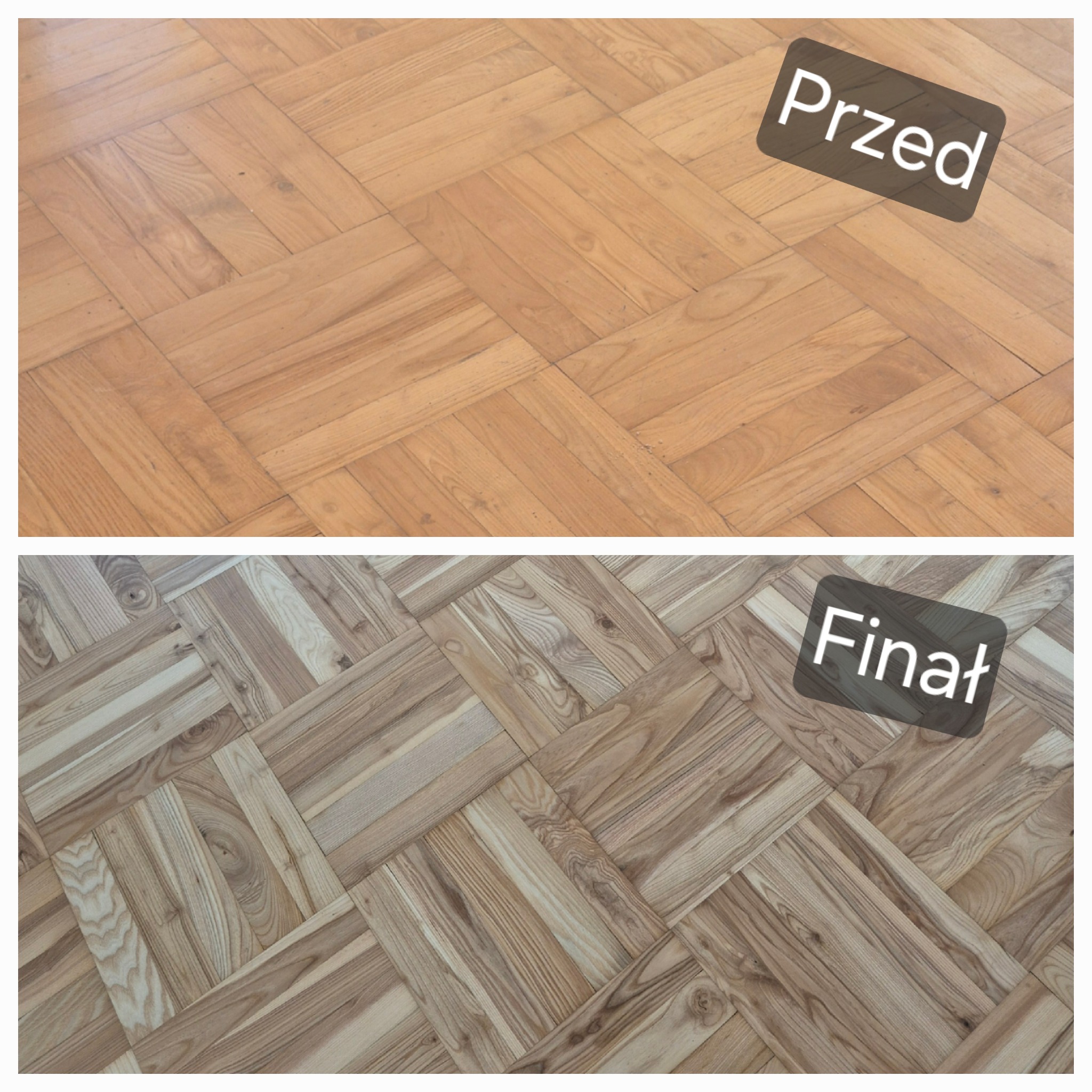 Parkiet ułożony w jodełkę przed i po renowacji. Górna część zdjęcia pokazuje parkiet przed, dolna po. Widoczna wyraźna różnica w kolorze i połysku.