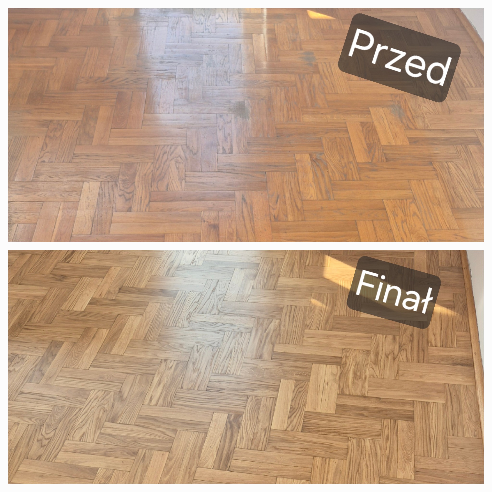 Parkiet ułożony w jodełkę, stan przed i po renowacji. Górna część zdjęcia pokazuje parkiet przed, dolna po renowacji, z widocznym odświeżonym kolorem.